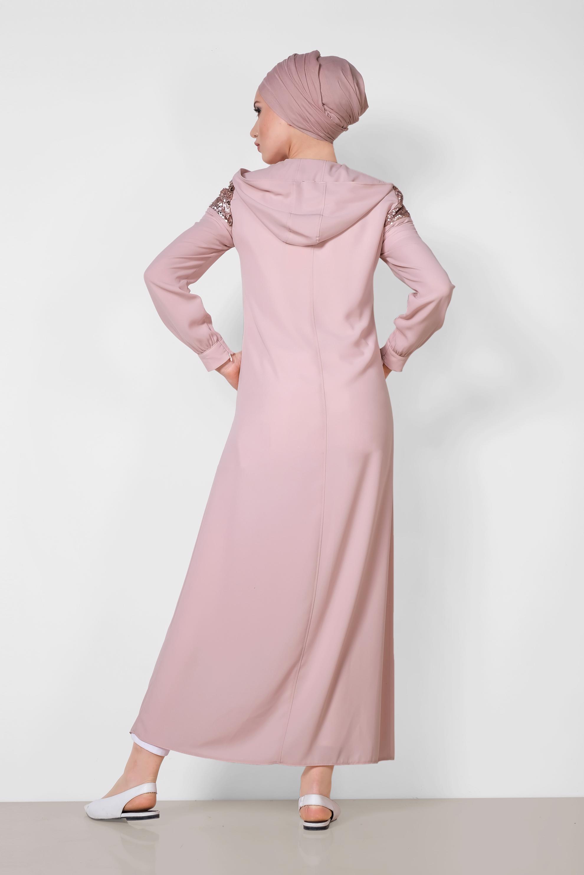 Tesettür giyim PUDRA PUL PAYETLİ ÖNDEN FERMUARLI FERACE 8319