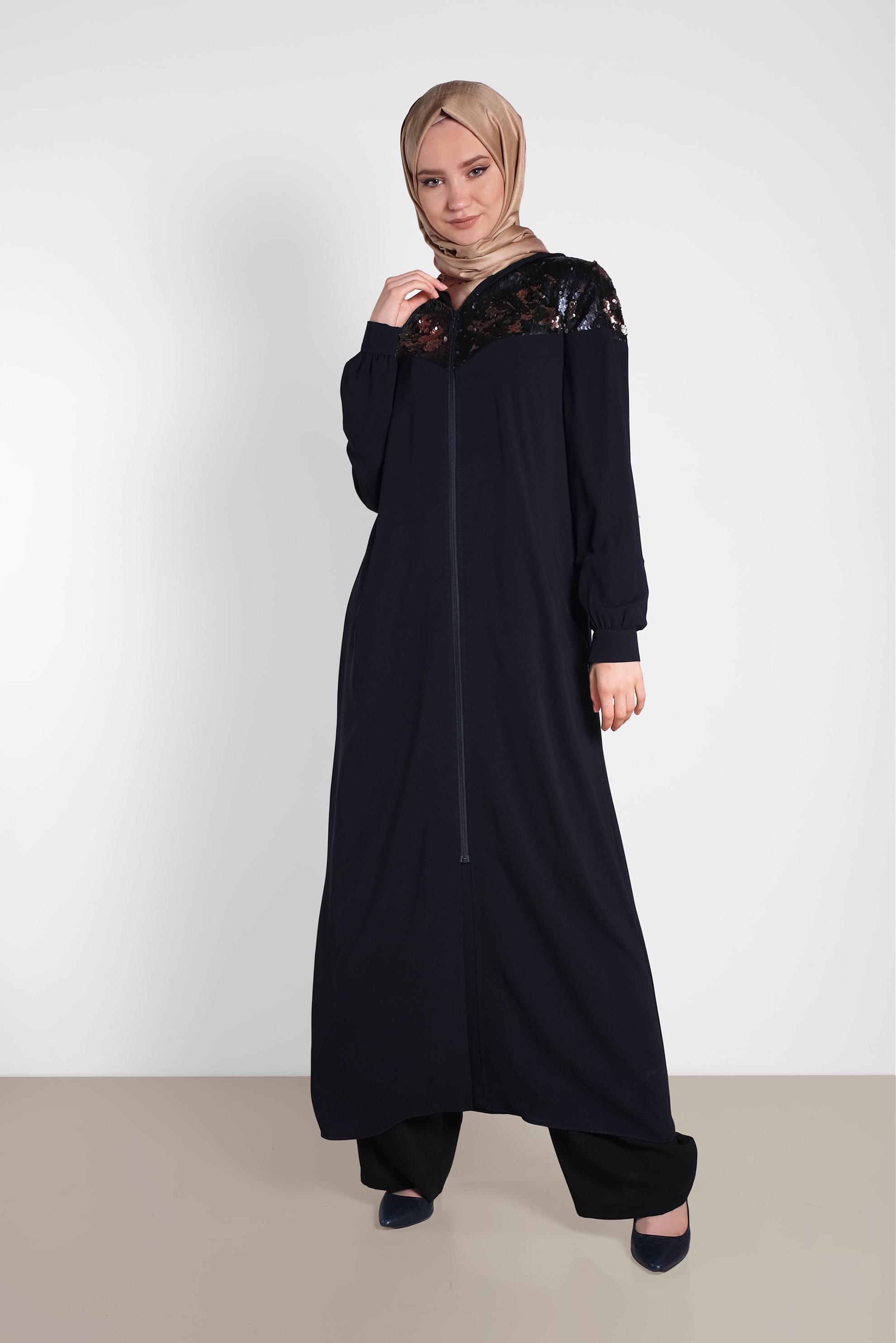Tesettür giyim LACİVERT PUL PAYETLİ ÖNDEN FERMUARLI FERACE 8319
