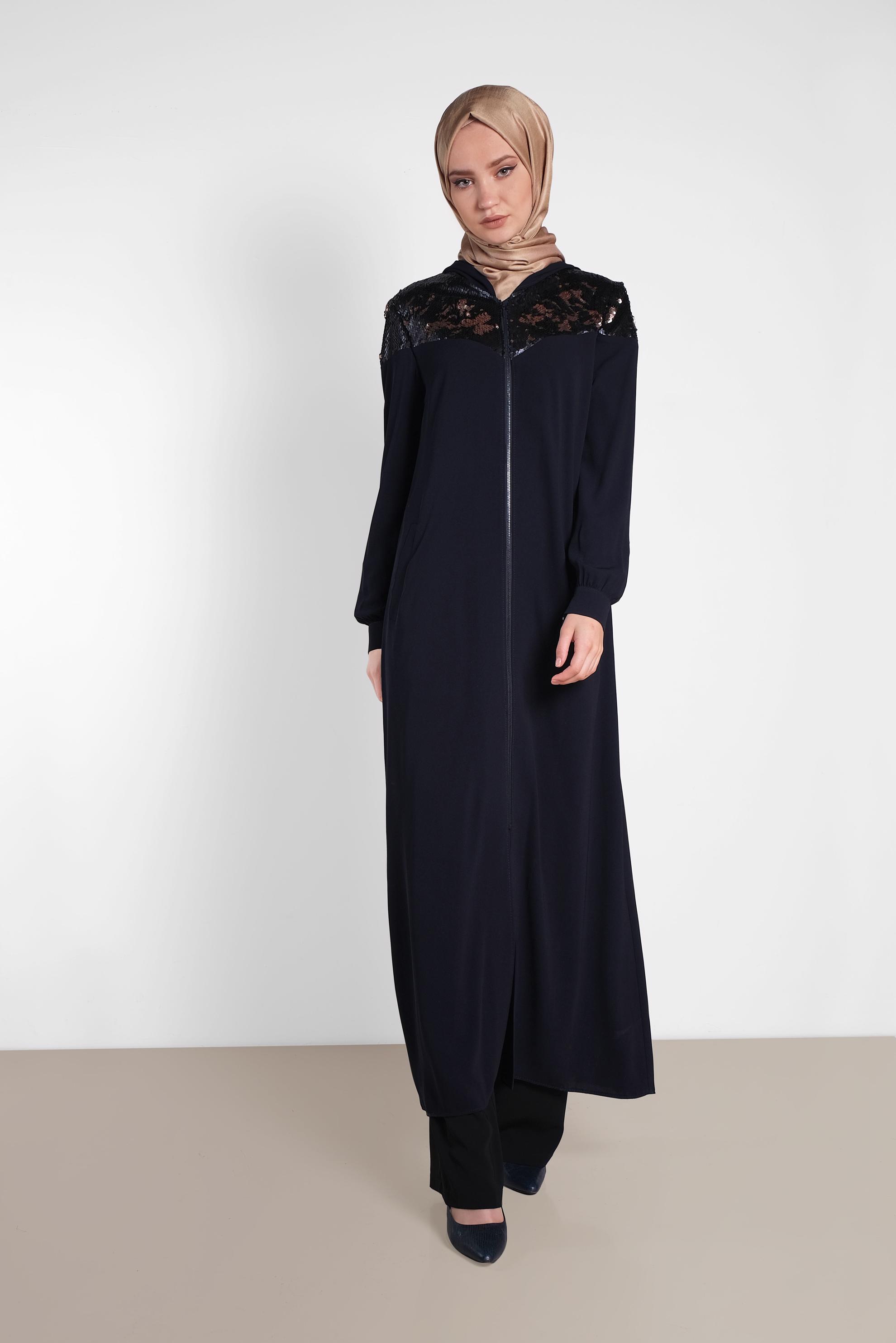 Tesettür giyim LACİVERT PUL PAYETLİ ÖNDEN FERMUARLI FERACE 8319