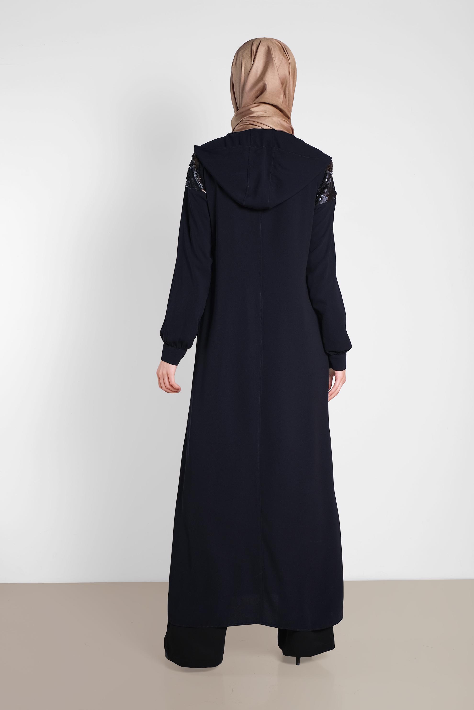 Tesettür giyim LACİVERT PUL PAYETLİ ÖNDEN FERMUARLI FERACE 8319