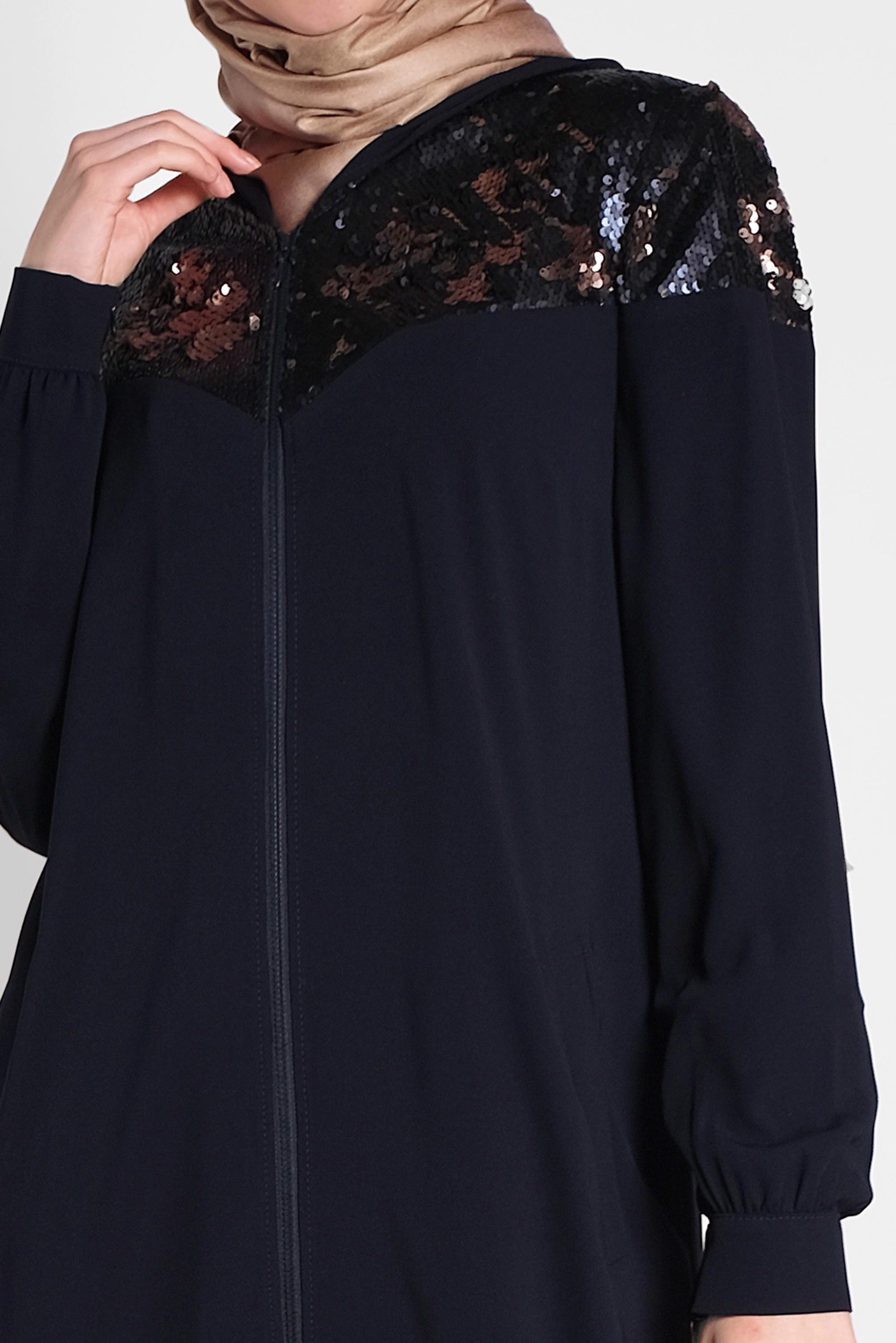 Tesettür giyim LACİVERT PUL PAYETLİ ÖNDEN FERMUARLI FERACE 8319