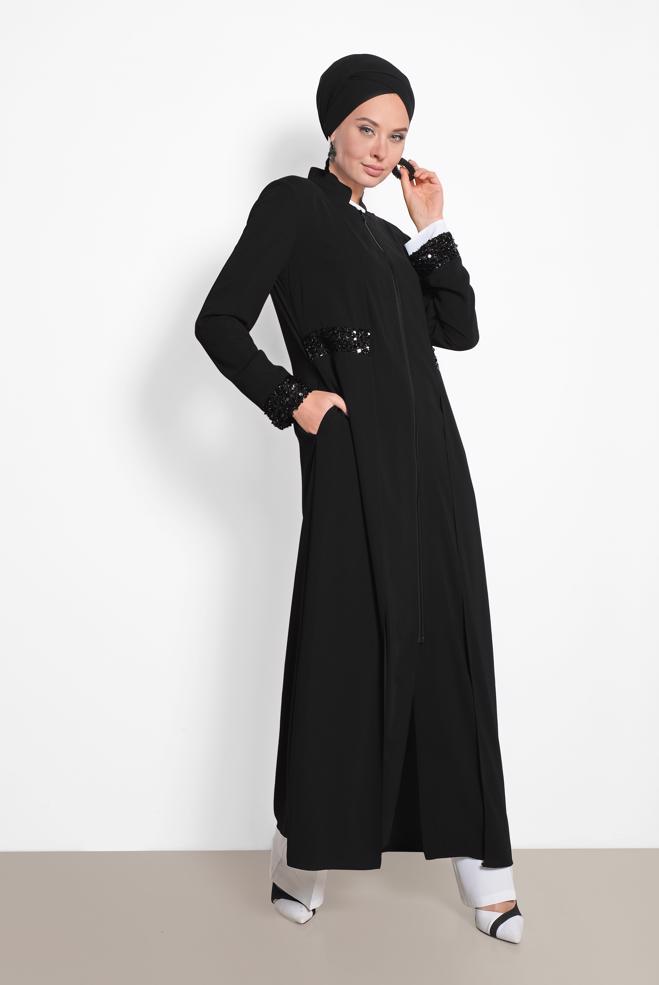 Hijab clothing BLACK Sequin Detailed Abaya 8320  - ALVİNA