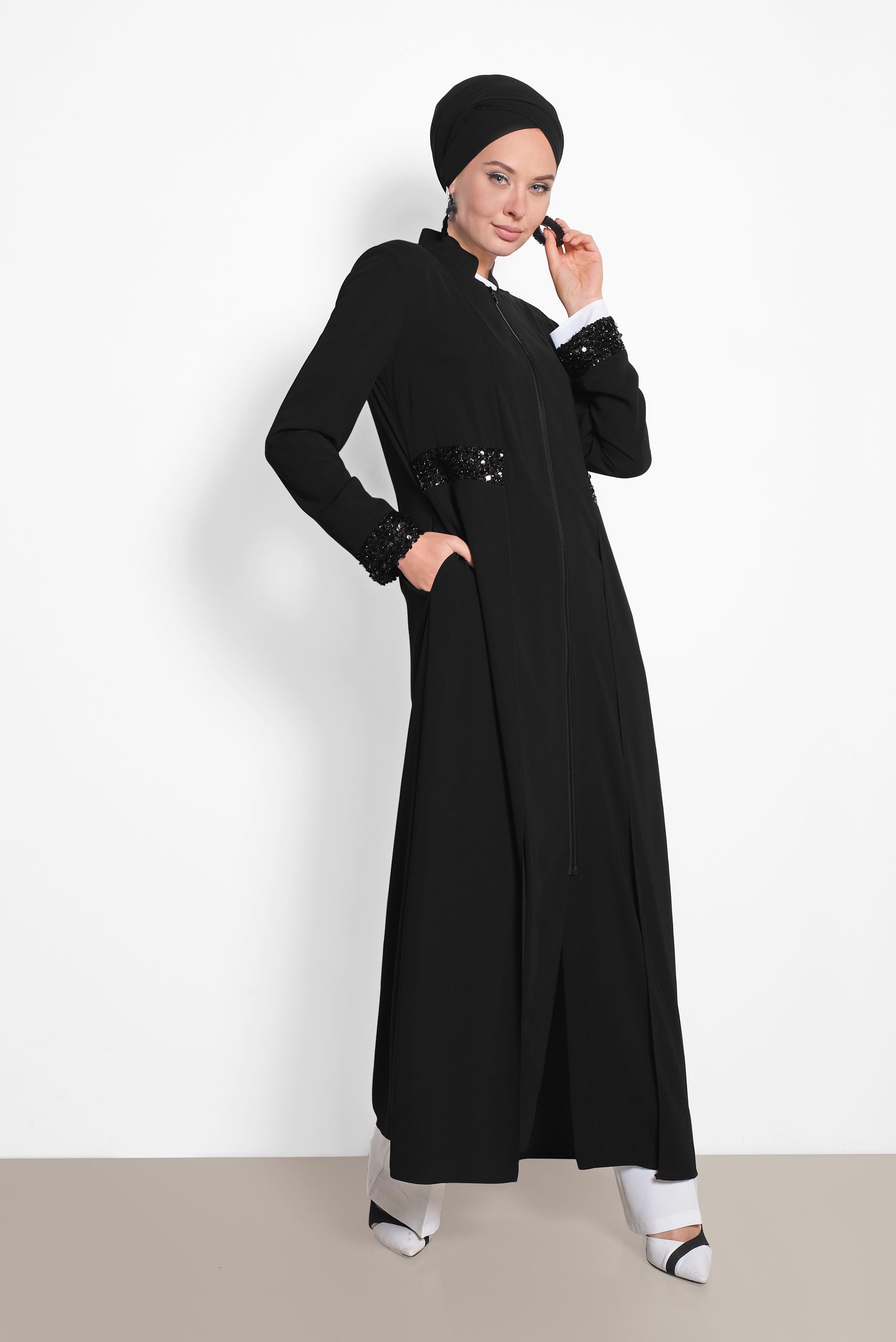 Tesettür giyim SİYAH PUL PAYET DETAYLI FERACE 8320 