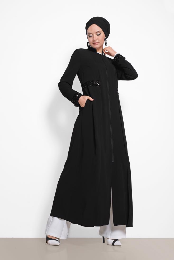 Hijab clothing BLACK Sequin Detailed Abaya 8320  - ALVİNA