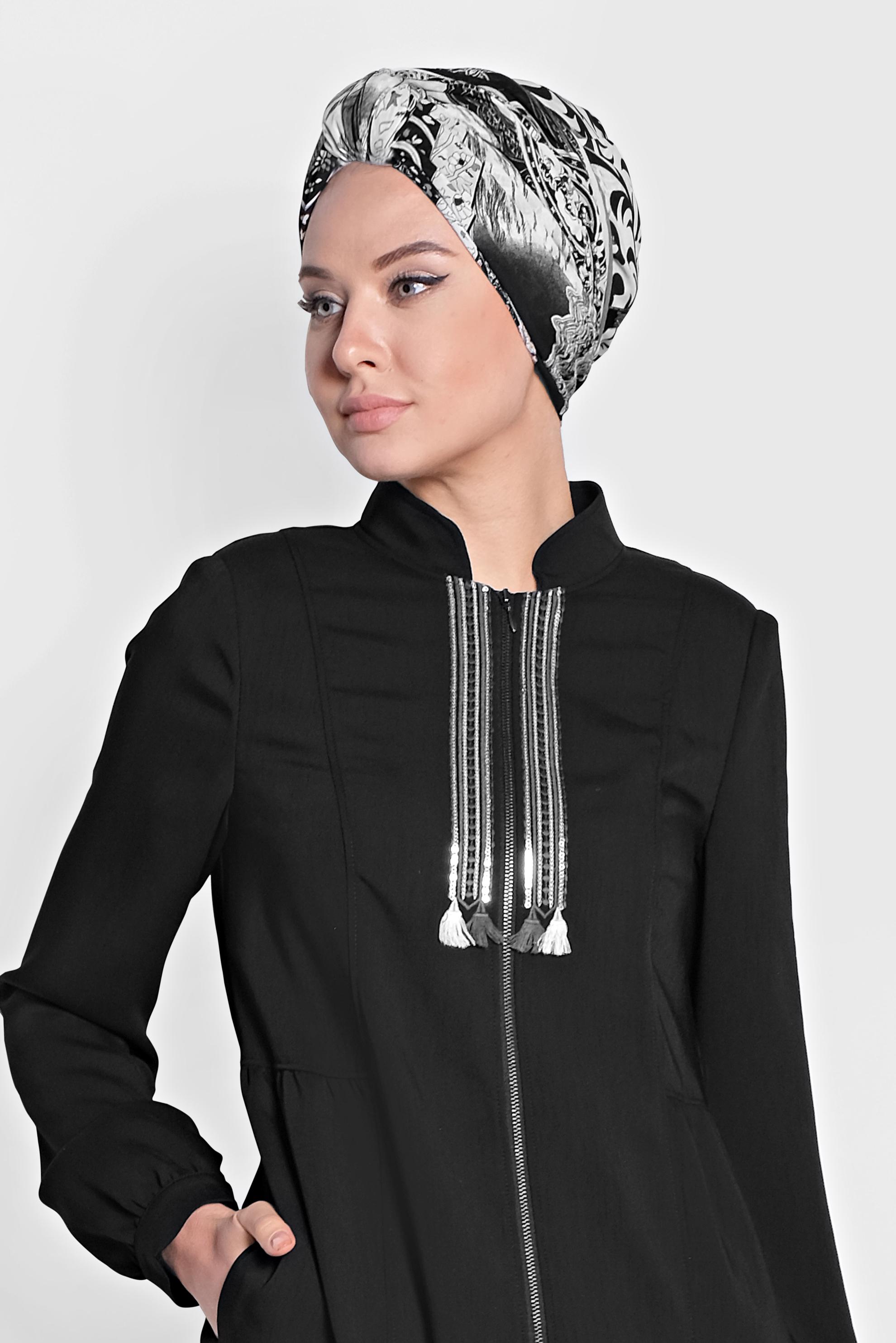 Hijab clothing BLACK Mandarin Collar Zipper Abaya 8321