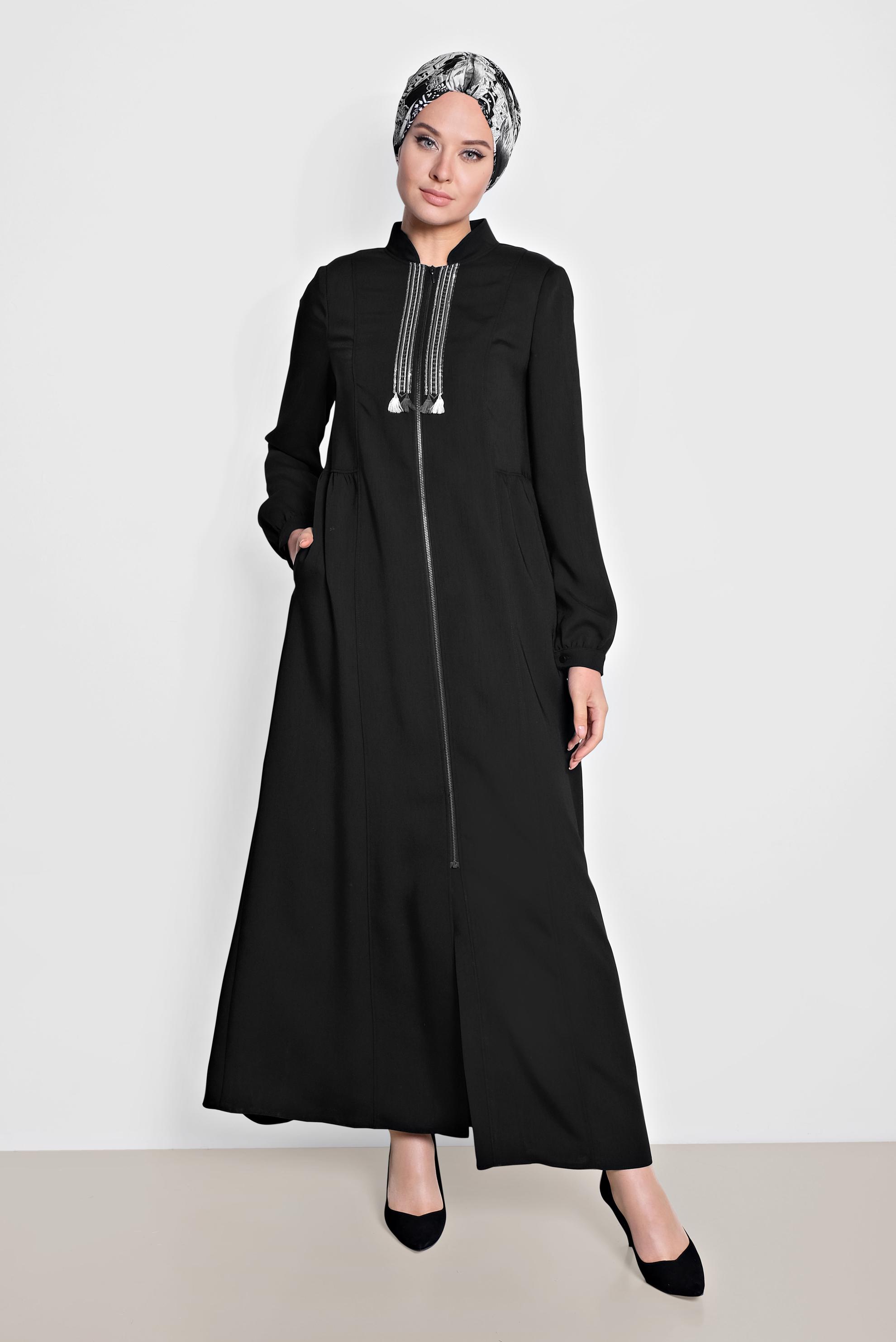 Hijab clothing BLACK Mandarin Collar Zipper Abaya 8321