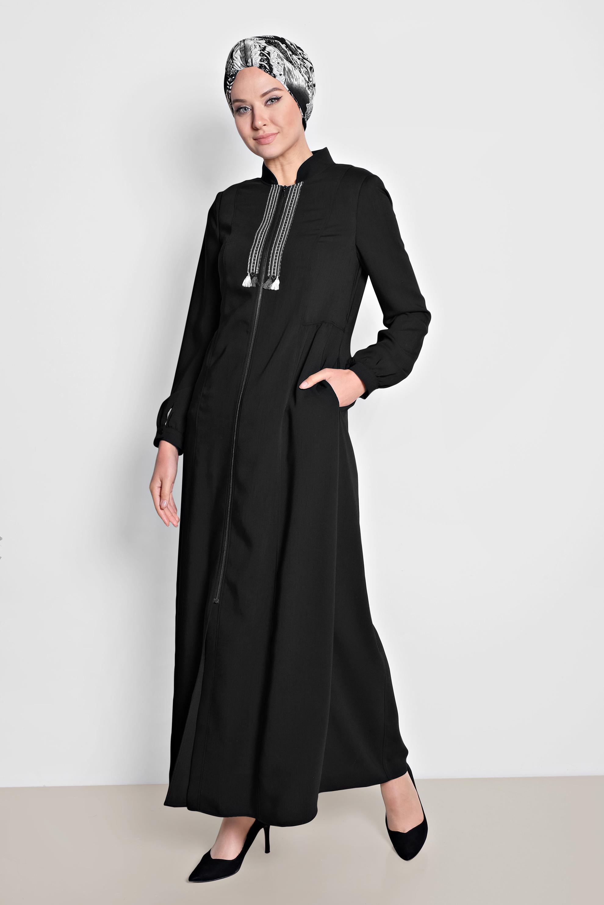 Hijab clothing BLACK Mandarin Collar Zipper Abaya 8321