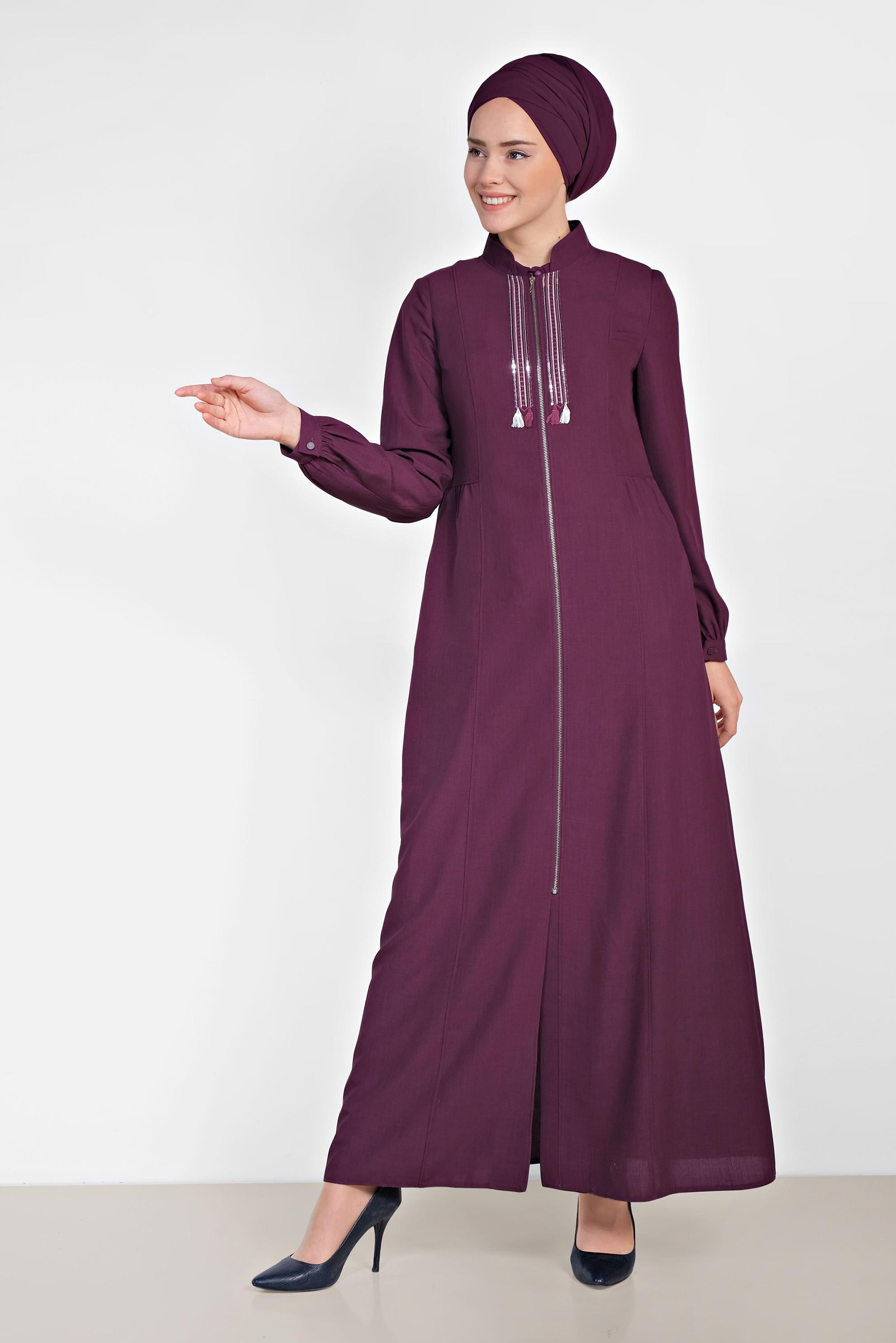 Tesettür giyim MOR HAKİM YAKA FERMUARLI FERACE 8321