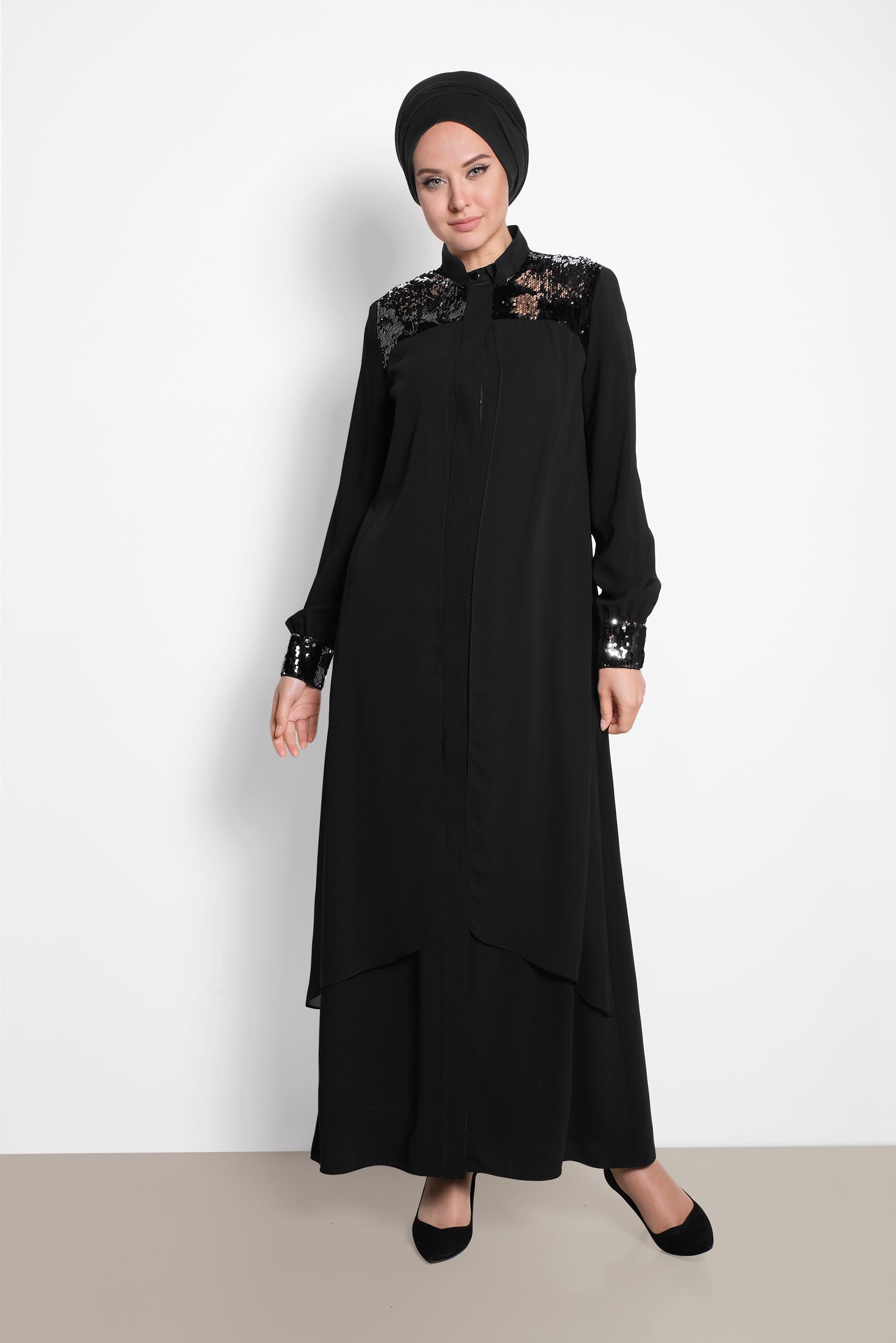 Hijab clothing BLACK Shoulder and Cuffs Sequined Abaya 8322 