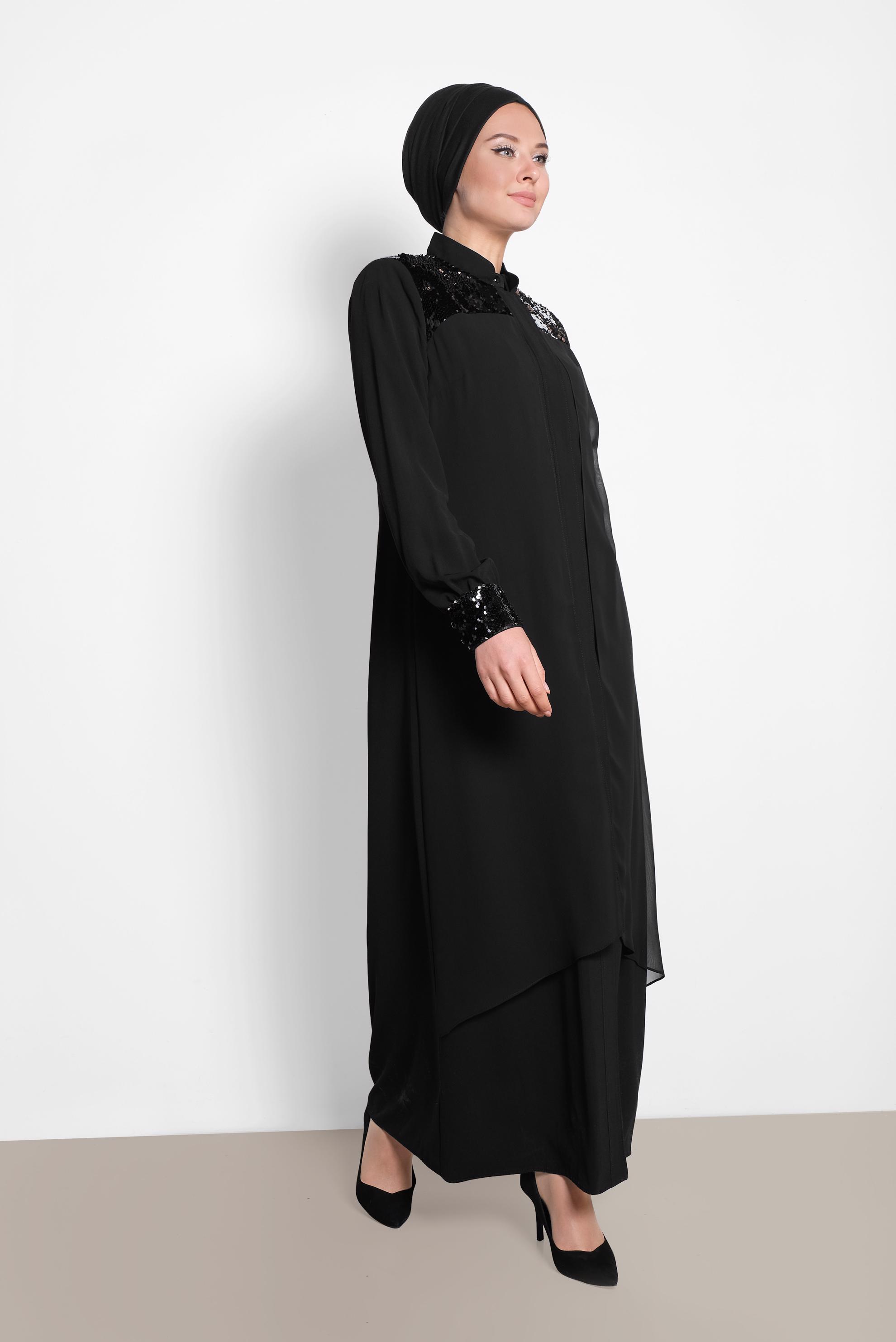 Hijab clothing BLACK Shoulder and Cuffs Sequined Abaya 8322 