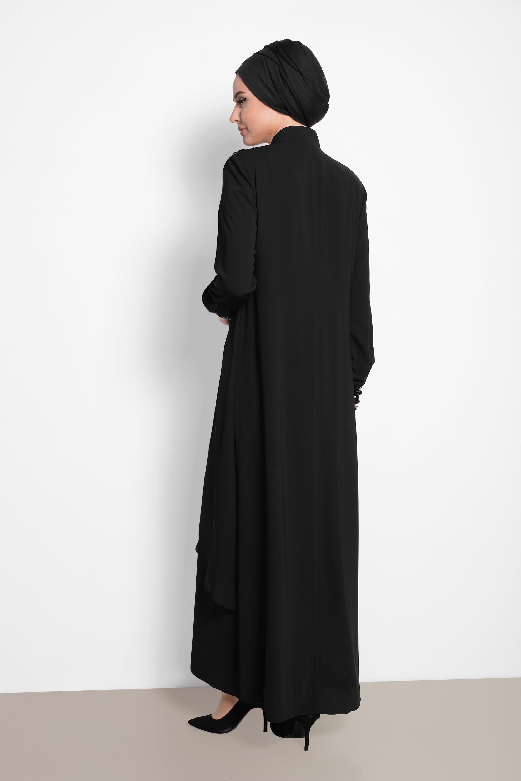 Hijab clothing BLACK Shoulder and Cuffs Sequined Abaya 8322 