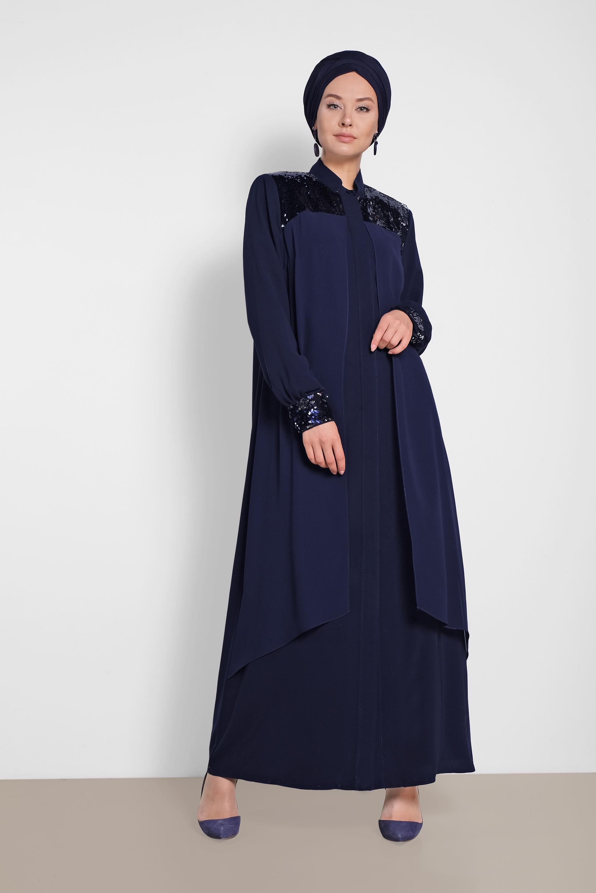 Hijab clothing NAVY BLUE Shoulder and Cuffs Sequined Abaya 8322 