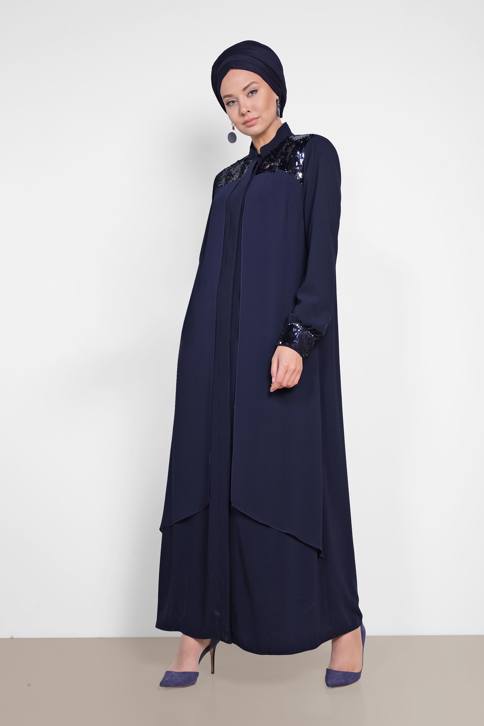 Hijab clothing NAVY BLUE Shoulder and Cuffs Sequined Abaya 8322 