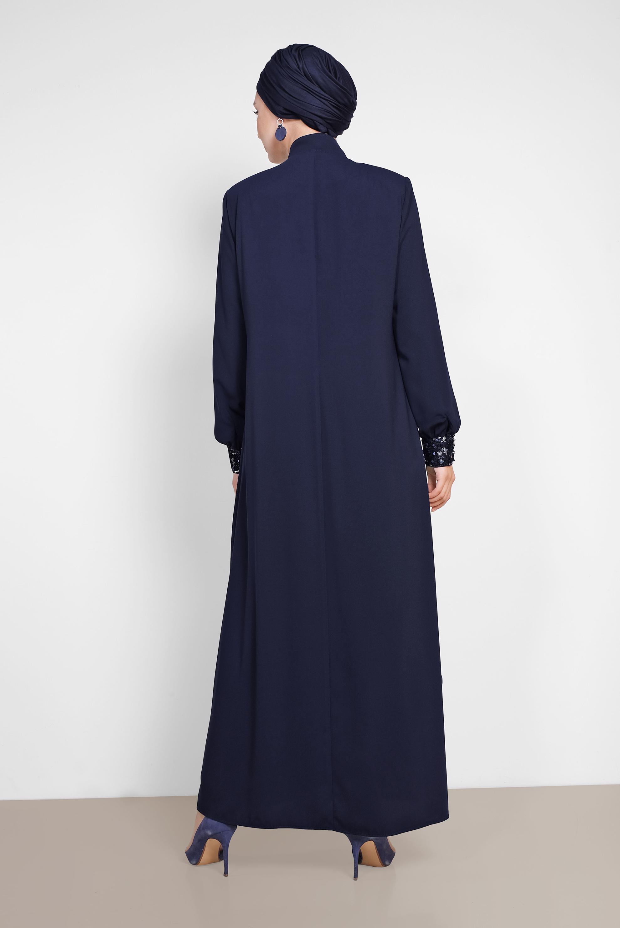 Hijab clothing NAVY BLUE Shoulder and Cuffs Sequined Abaya 8322 