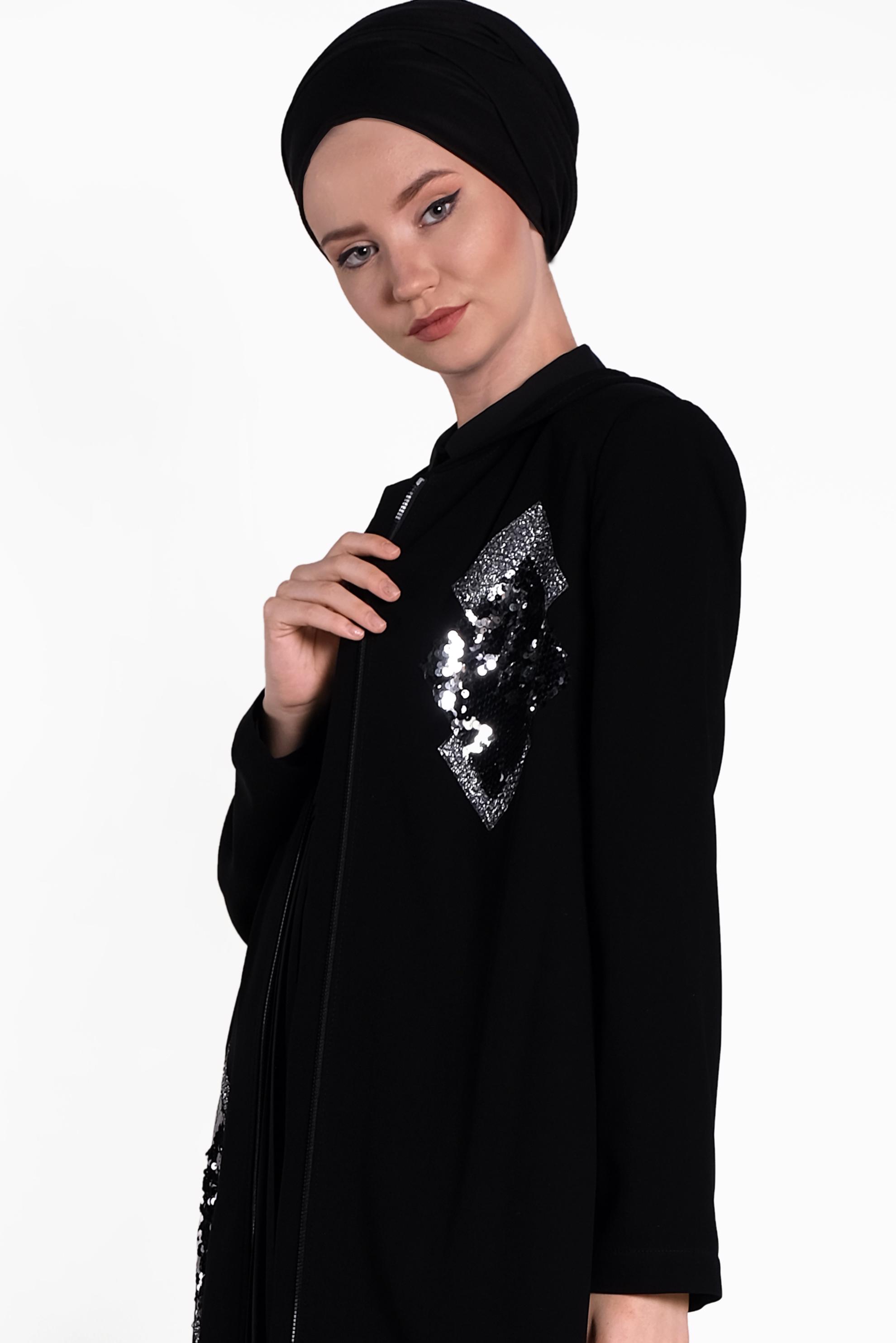 Hijab clothing BLACK Sequin Tinsel Detailed Zippered Abaya 8323 
