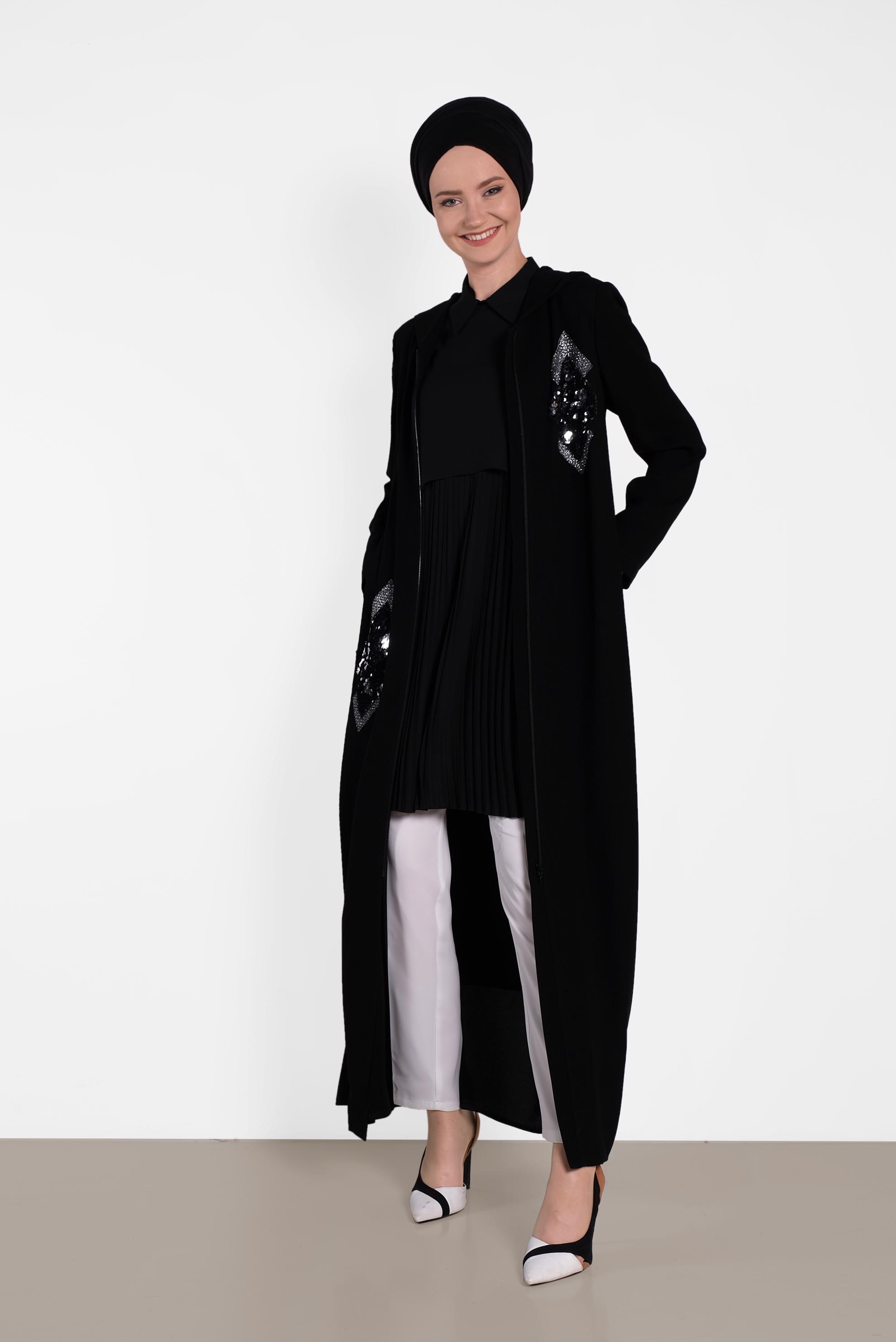 Hijab clothing BLACK Sequin Tinsel Detailed Zippered Abaya 8323 