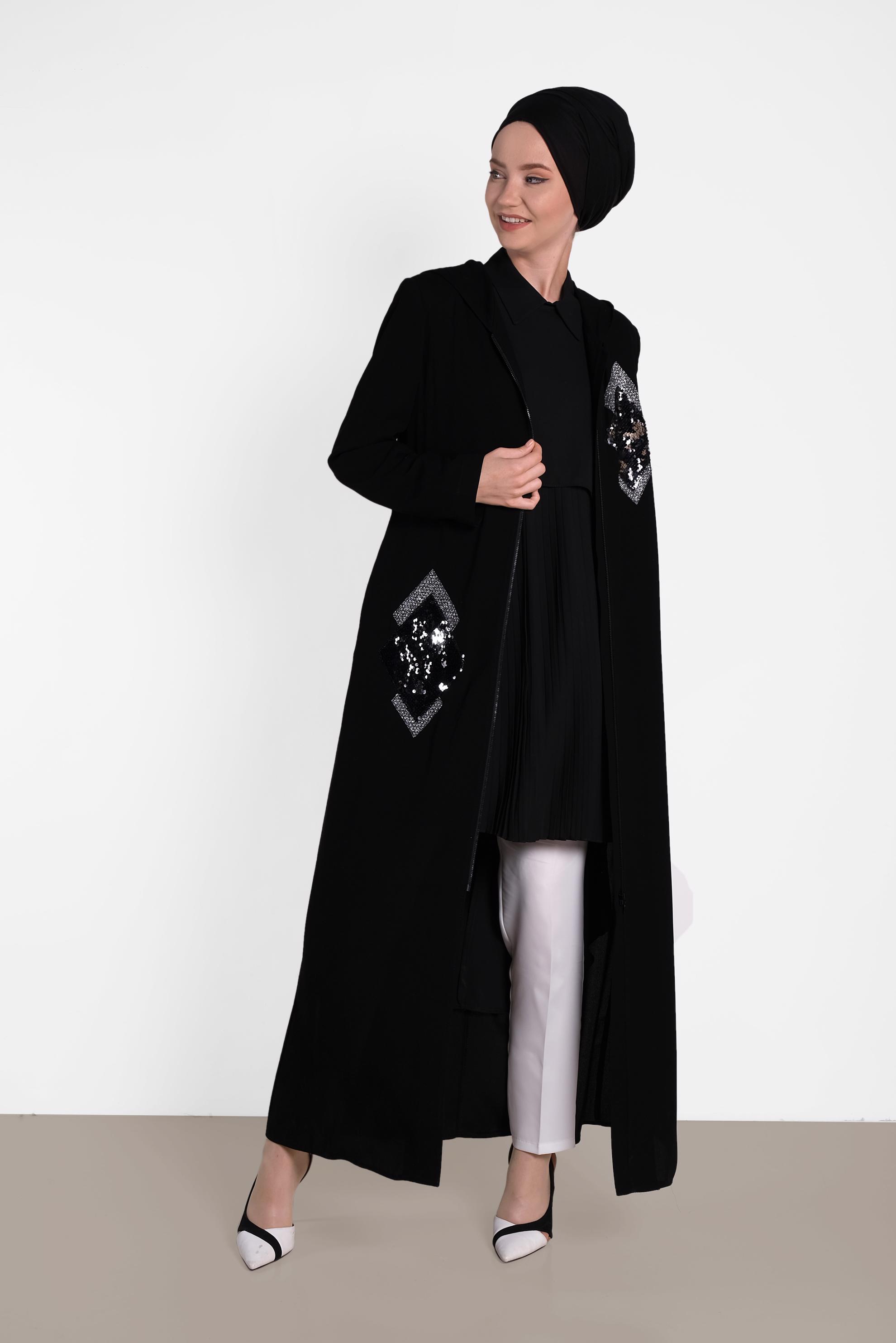 Hijab clothing BLACK Sequin Tinsel Detailed Zippered Abaya 8323 