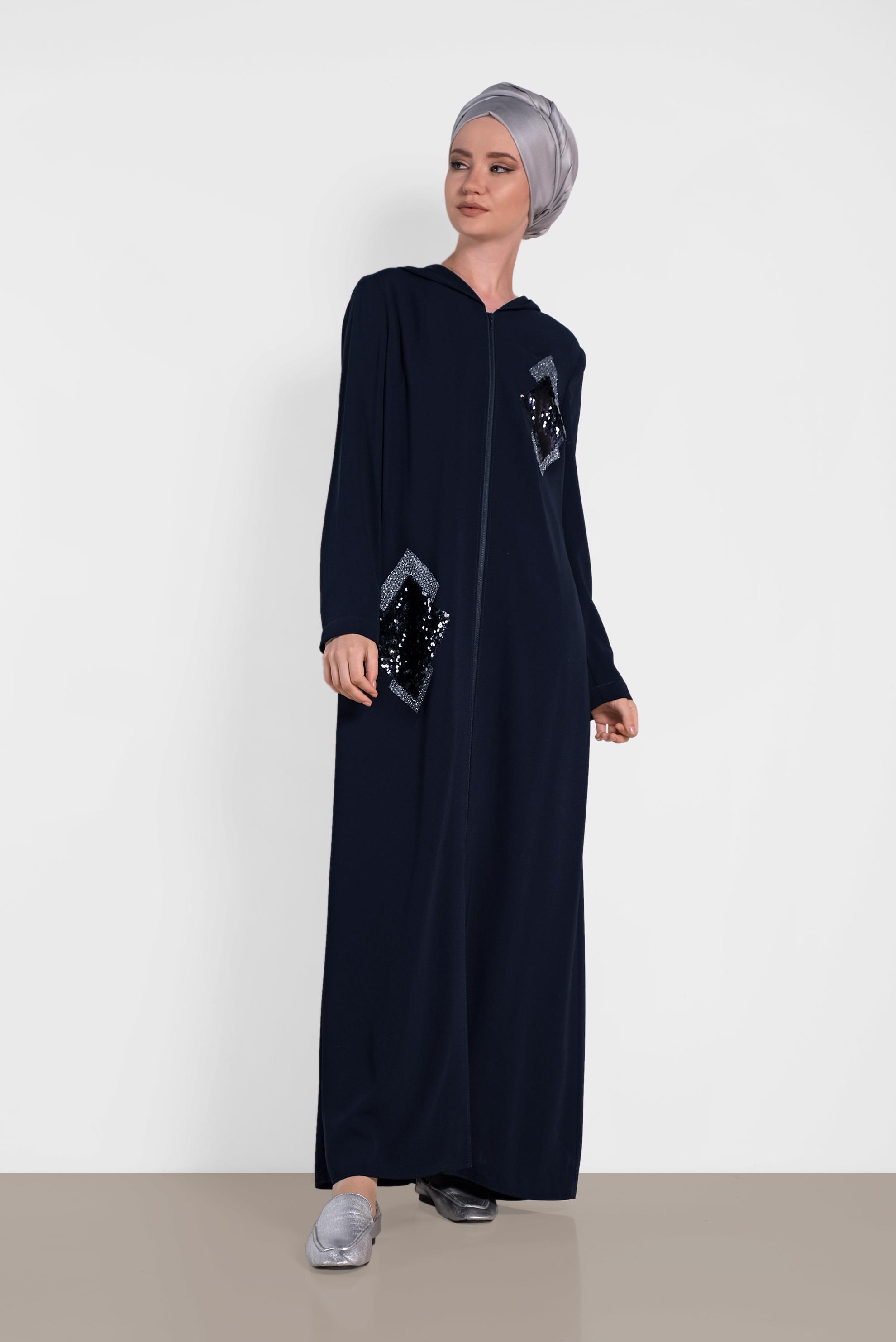 Tesettür giyim LACİVERT PUL PAYET SİM DETAYLI FERMUARLI FERACE 8323 