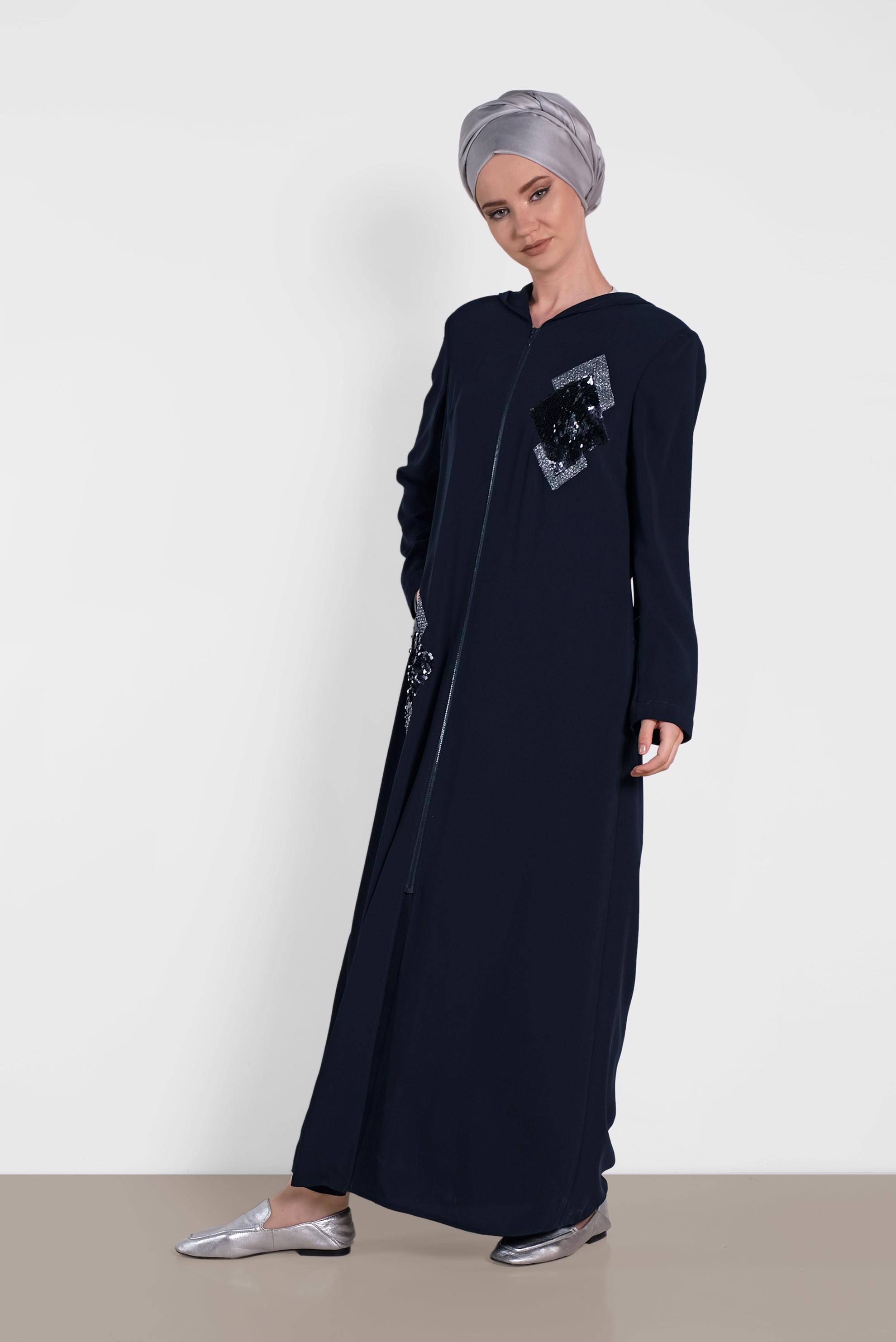 Tesettür giyim LACİVERT PUL PAYET SİM DETAYLI FERMUARLI FERACE 8323 