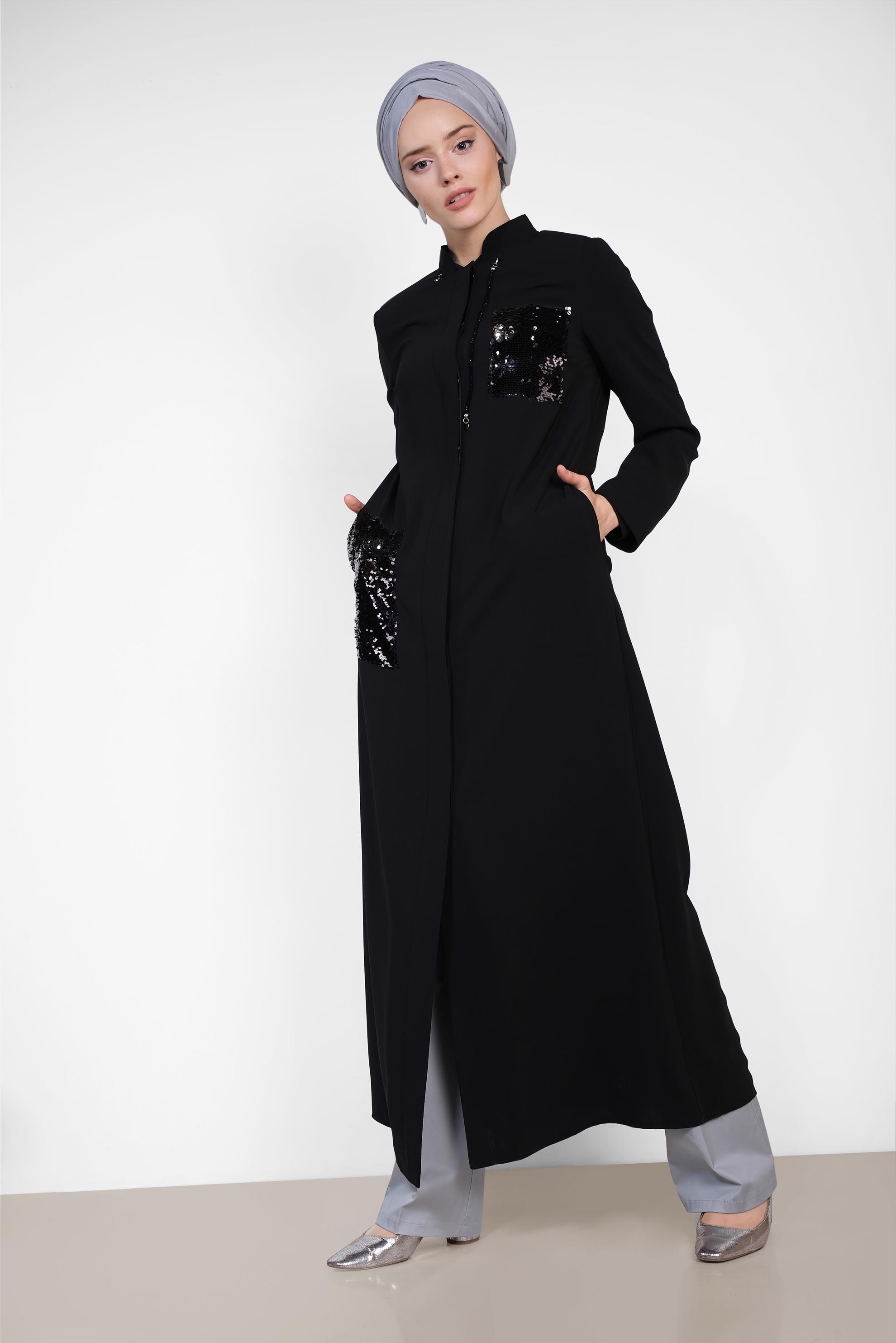 Hijab clothing BLACK Sequined Pocketed Abaya 8325 