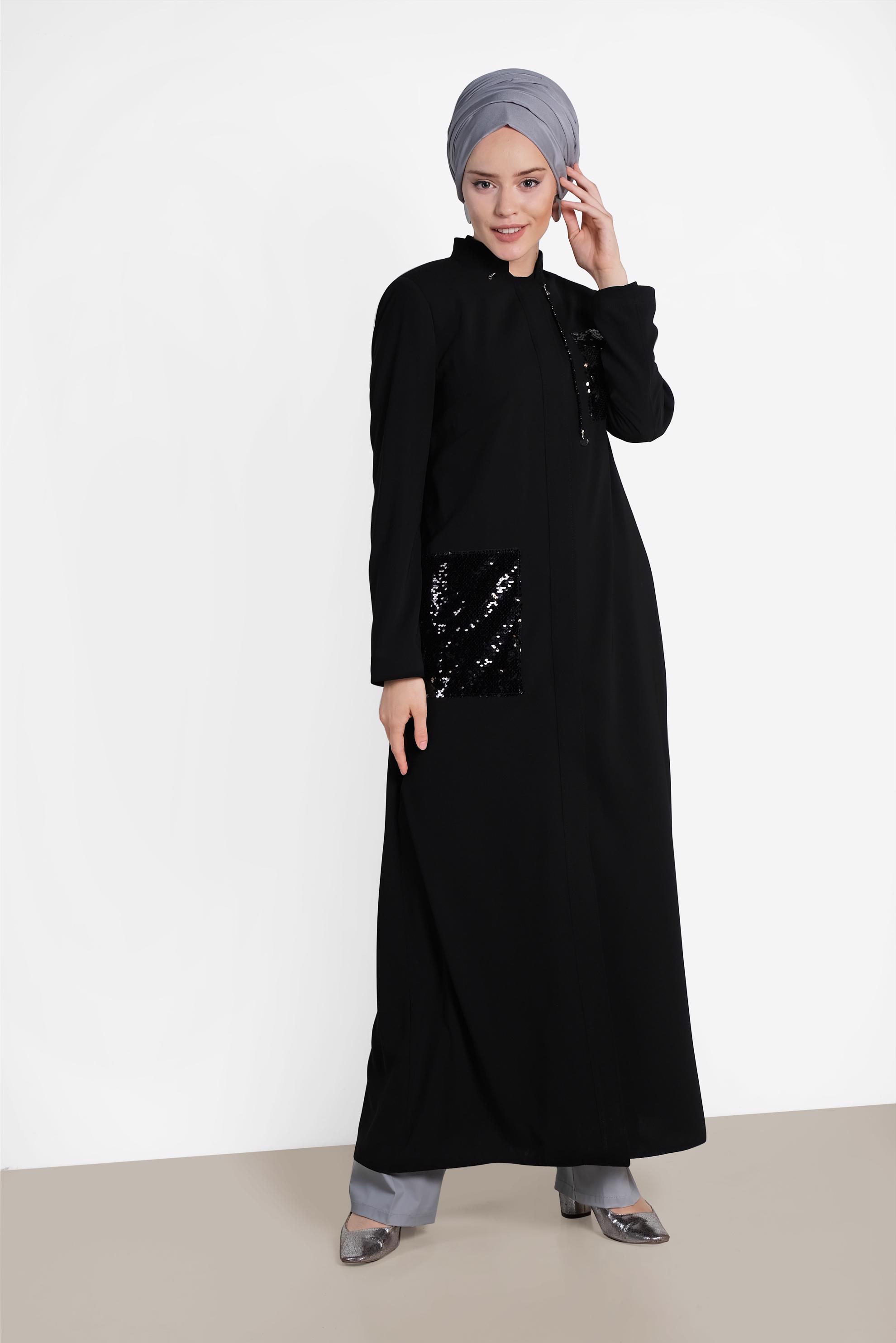 Hijab clothing BLACK Sequined Pocketed Abaya 8325 