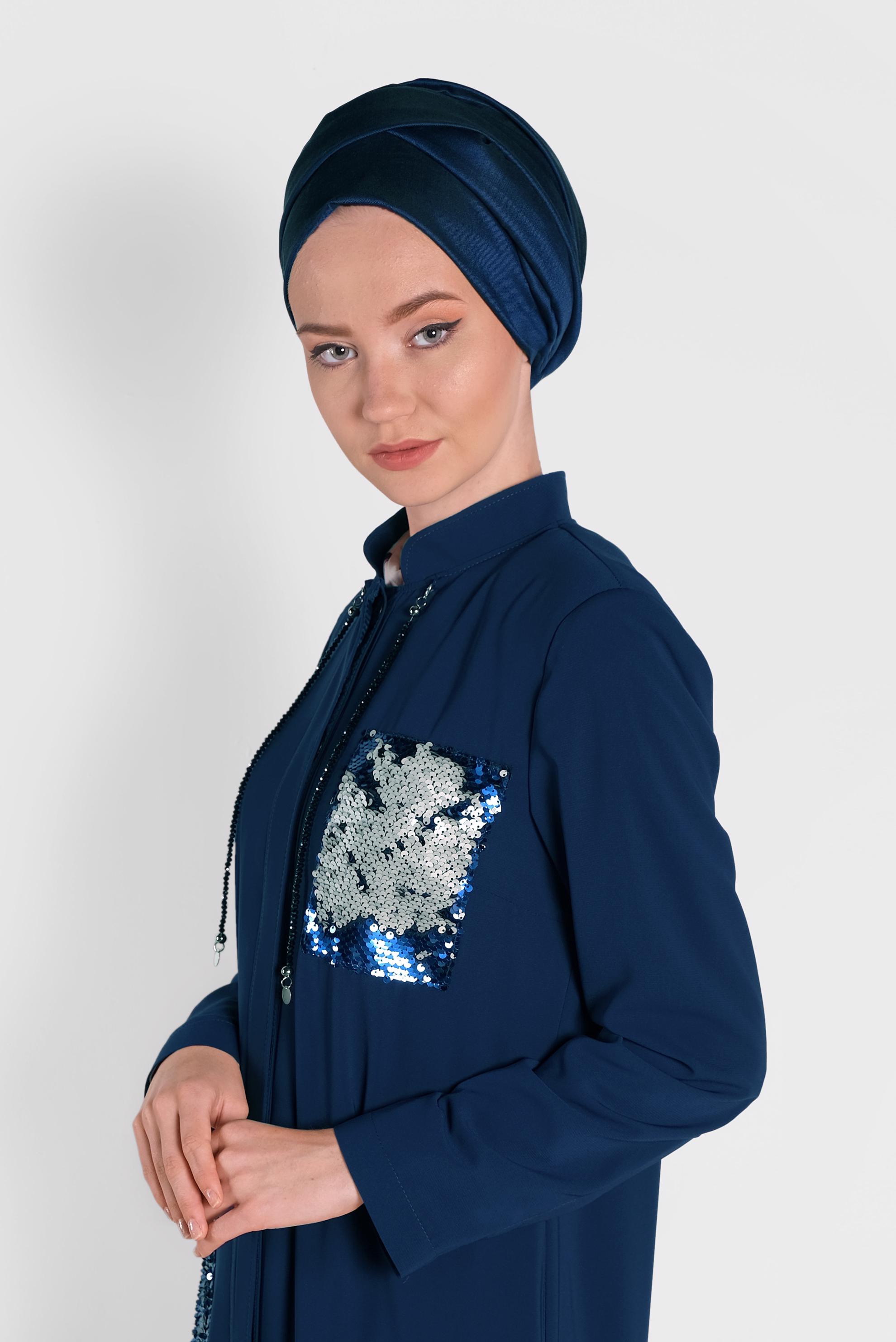 Tesettür giyim LACİVERT PUL PAYETLİ CEPLİ FERACE 8325