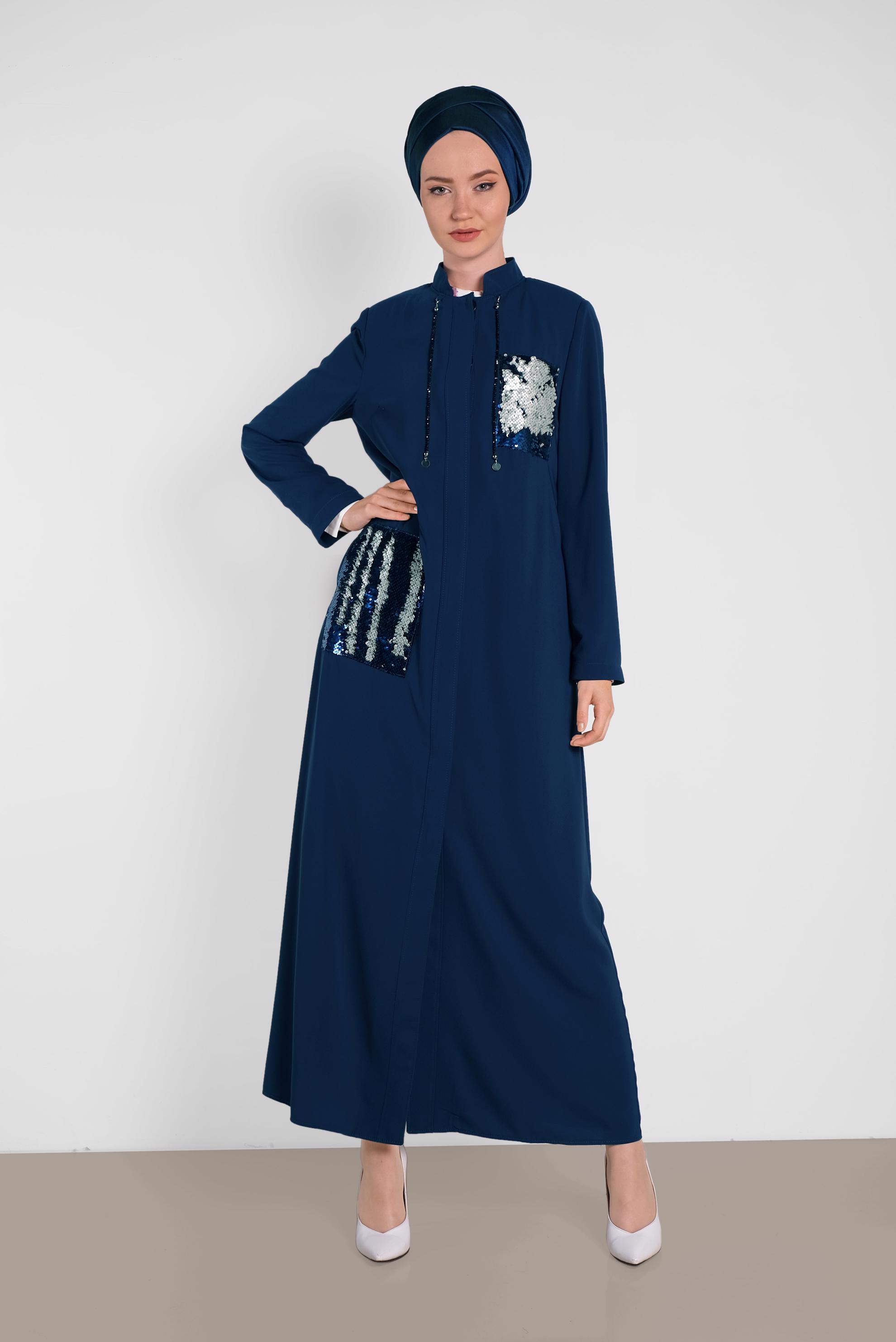 Tesettür giyim LACİVERT PUL PAYETLİ CEPLİ FERACE 8325