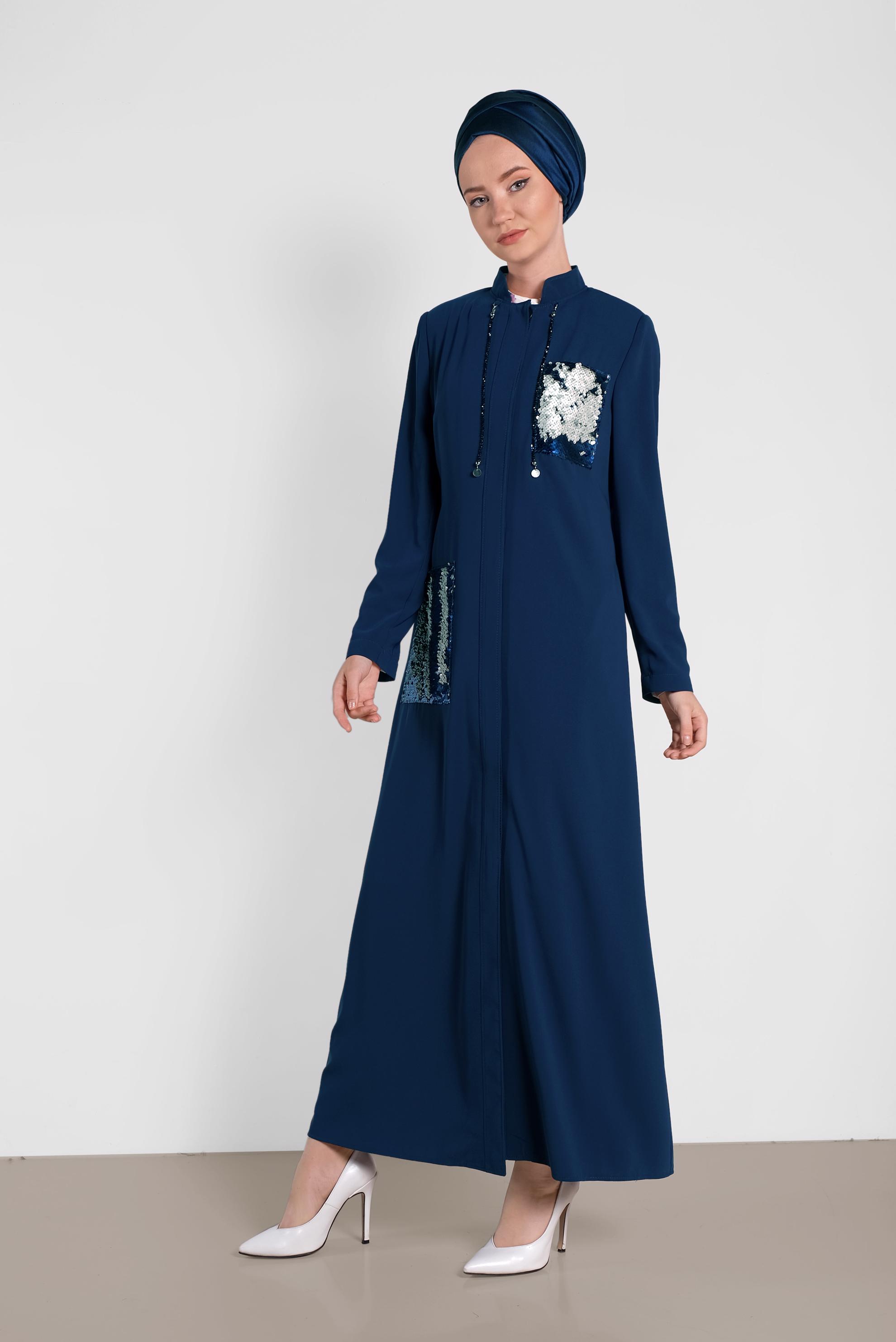 Tesettür giyim LACİVERT PUL PAYETLİ CEPLİ FERACE 8325