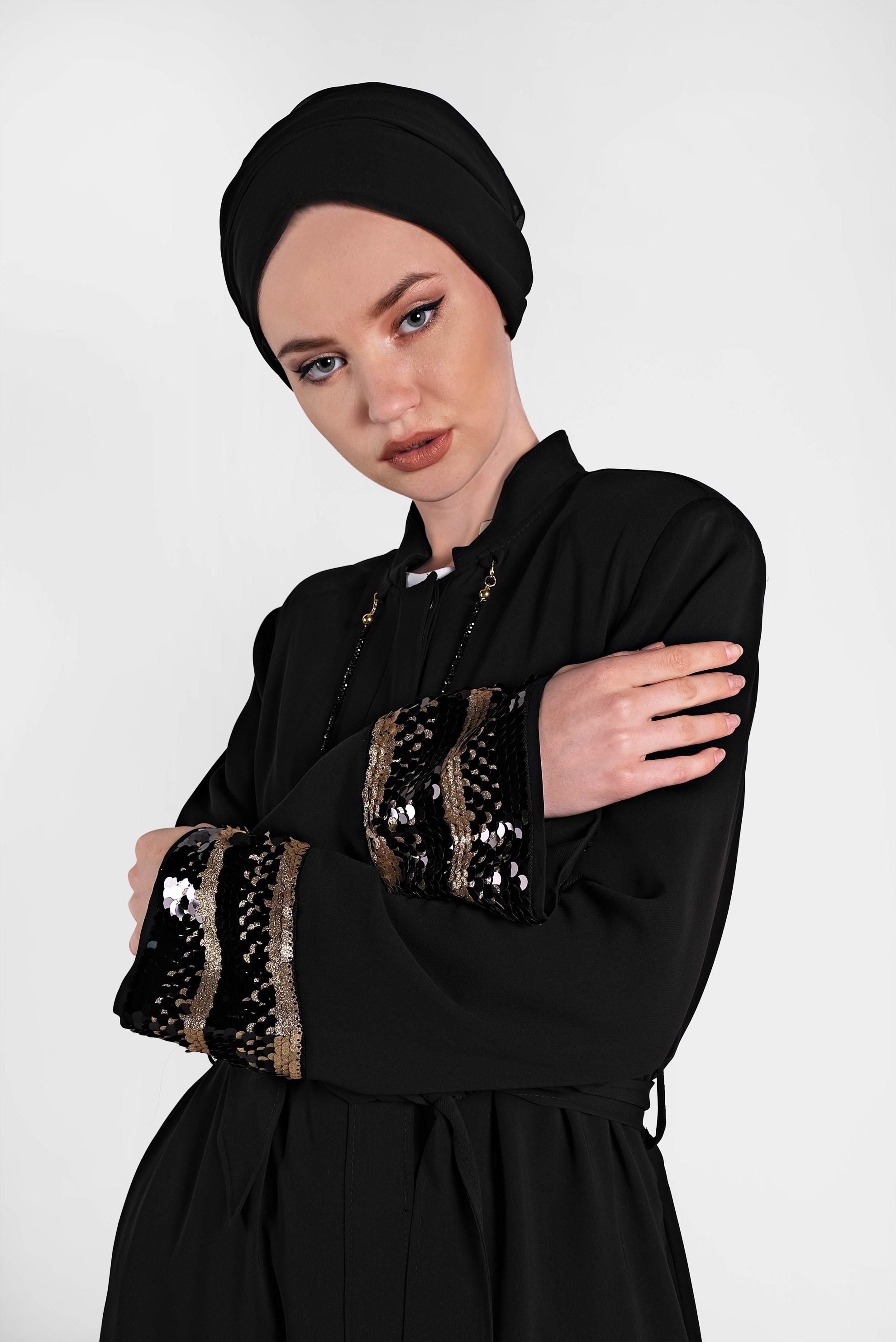 Hijab clothing BLACK Sequin Detailed Belted Waist Abaya 8328