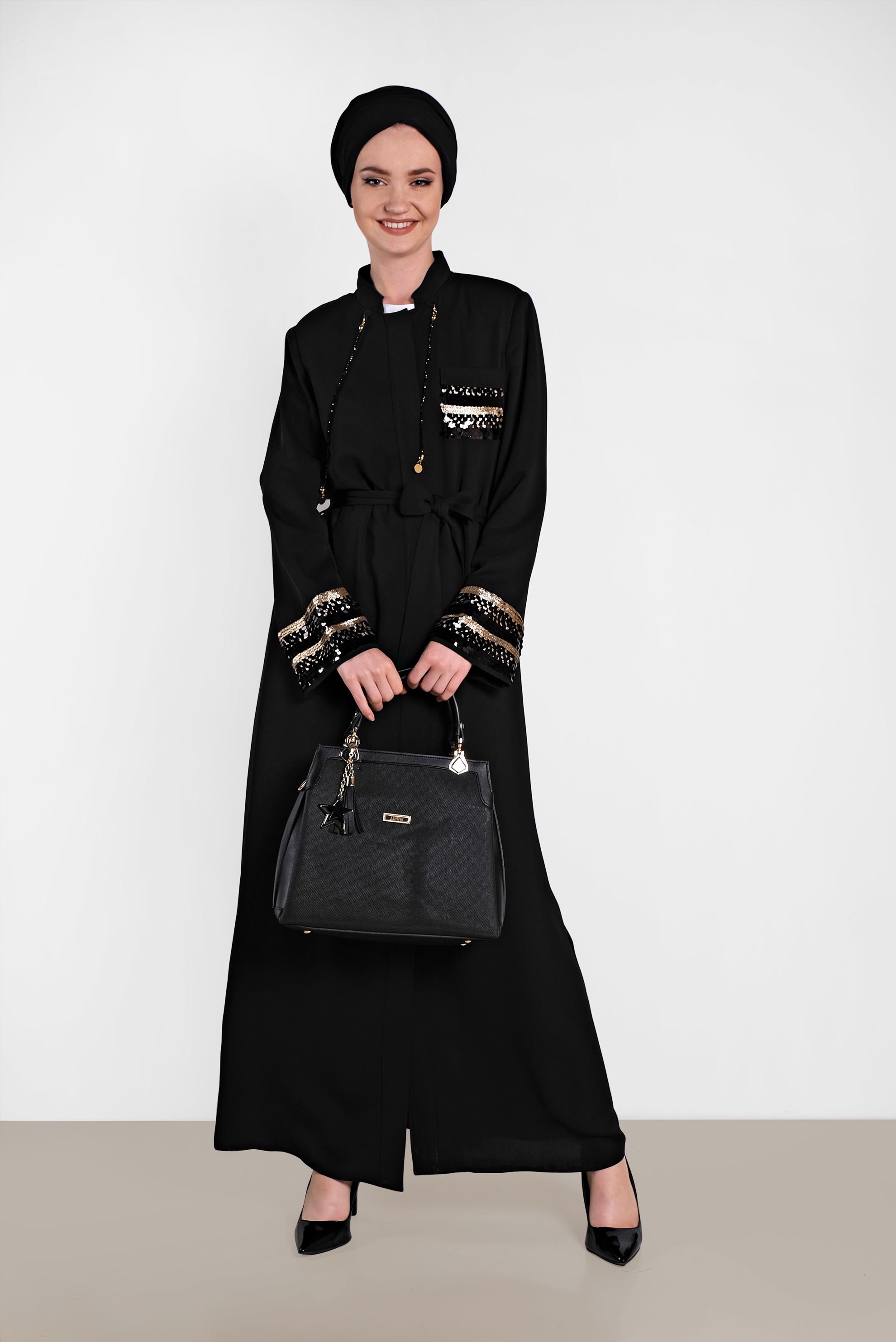 Hijab clothing BLACK Sequin Detailed Belted Waist Abaya 8328