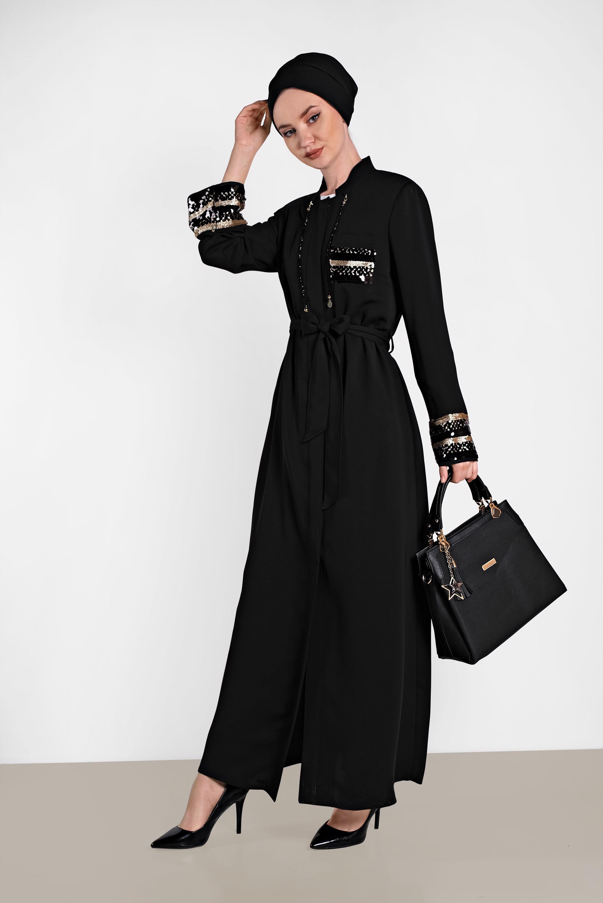 Hijab clothing BLACK Sequin Detailed Belted Waist Abaya 8328