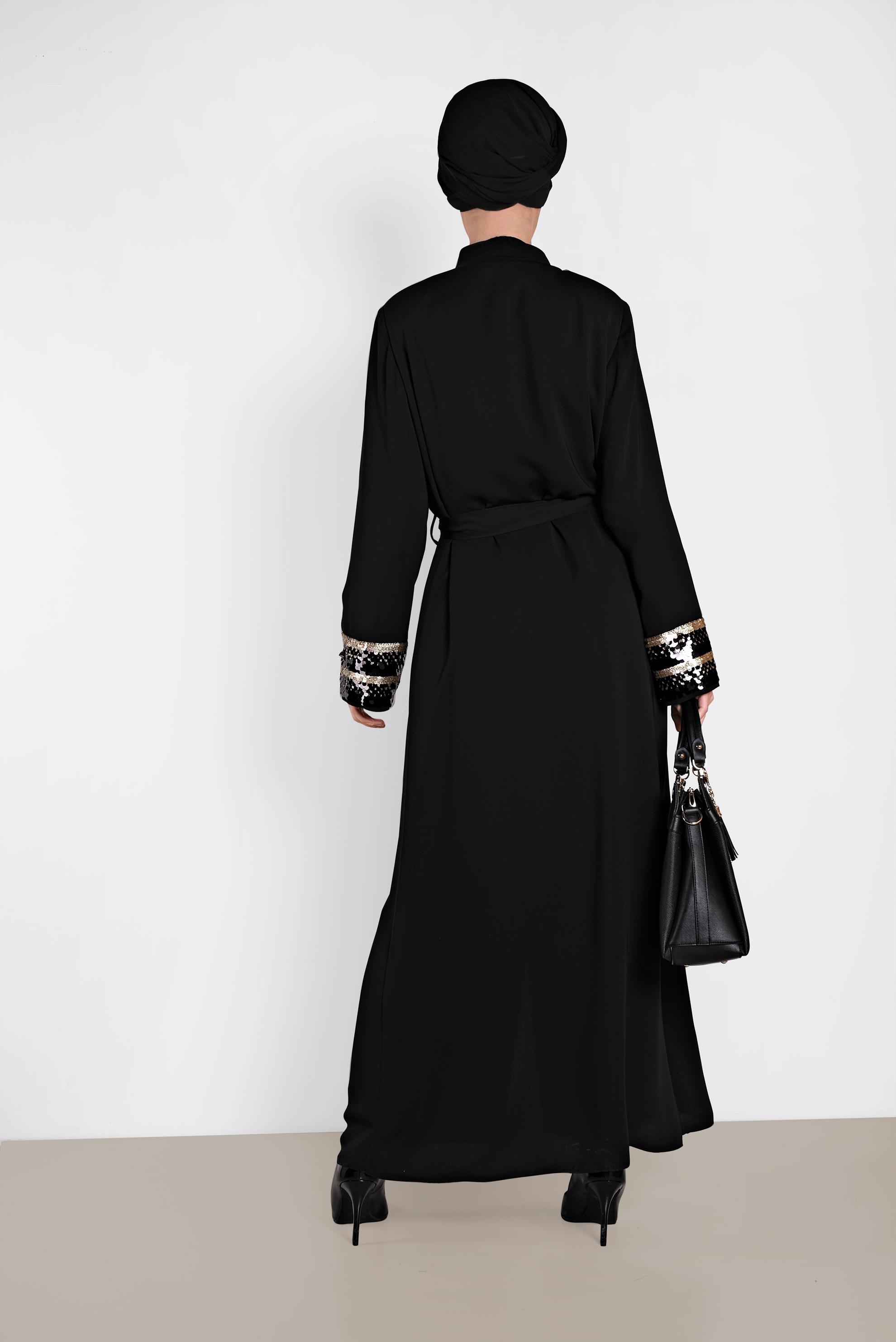 Hijab clothing BLACK Sequin Detailed Belted Waist Abaya 8328