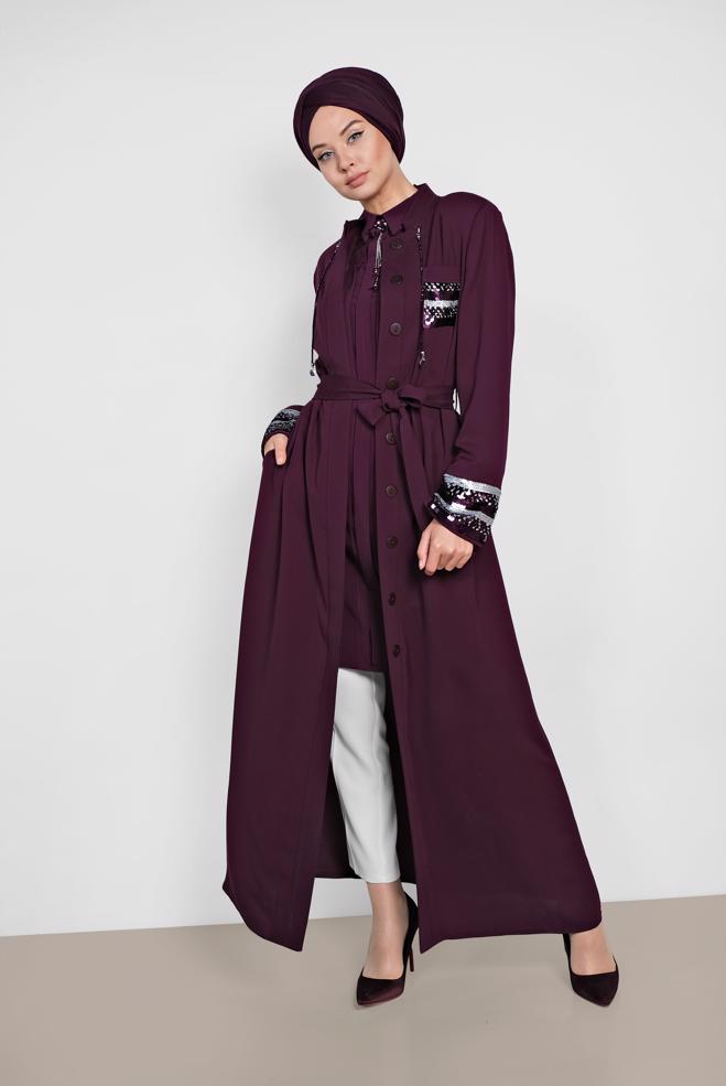 Hijab clothing CLARET RED Sequin Detailed Belted Waist Abaya 8328 - ALVİNA