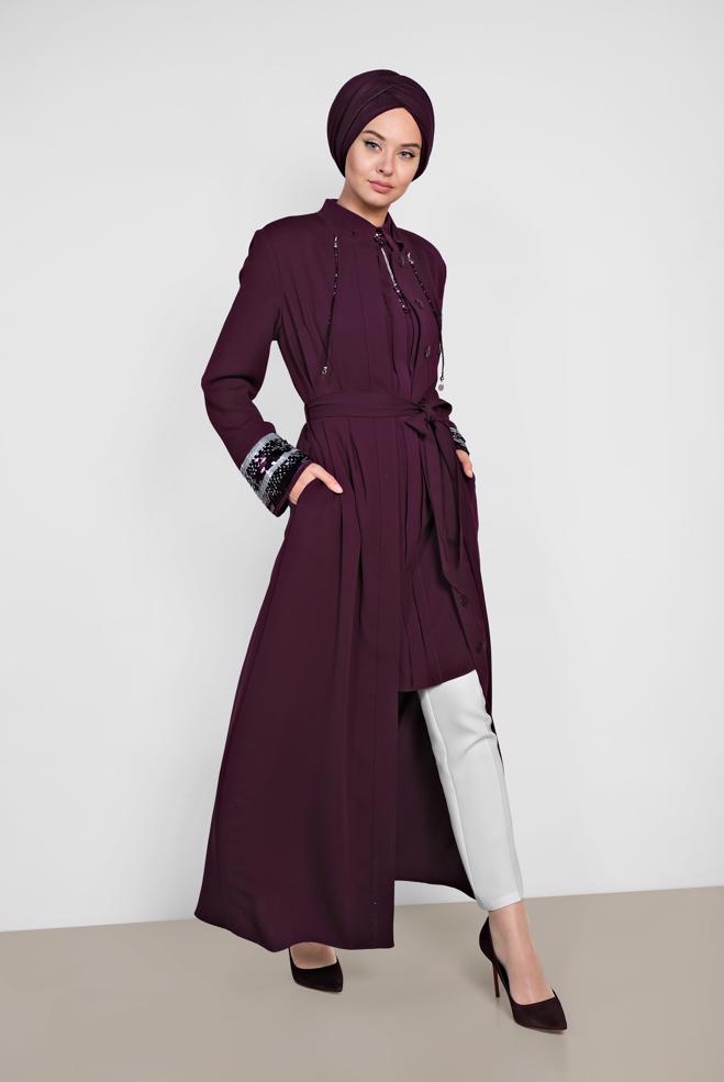 Hijab clothing CLARET RED Sequin Detailed Belted Waist Abaya 8328 - ALVİNA