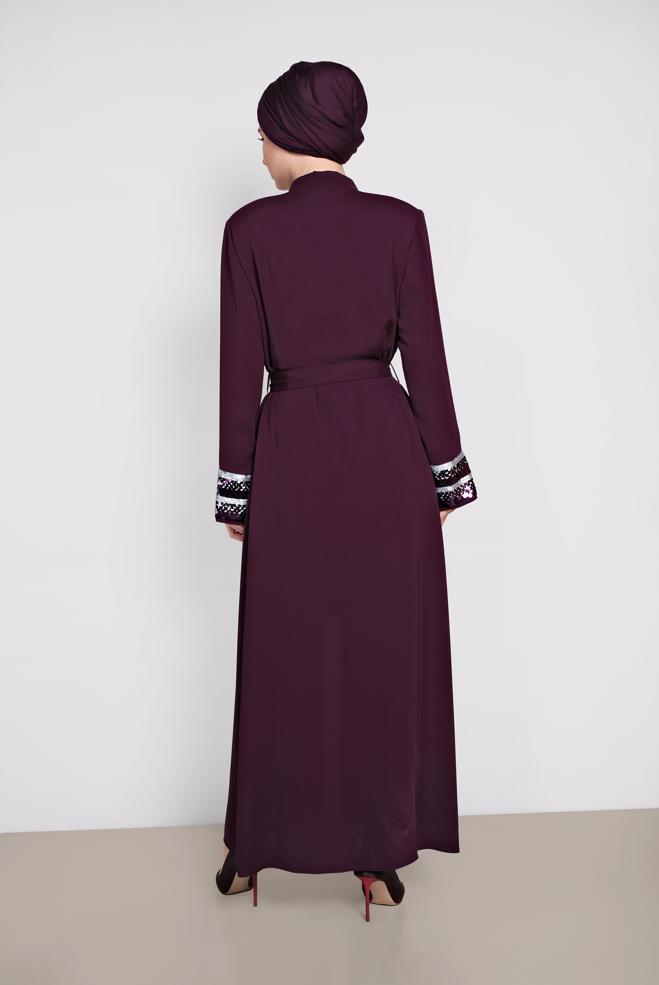 Hijab clothing CLARET RED Sequin Detailed Belted Waist Abaya 8328 - ALVİNA