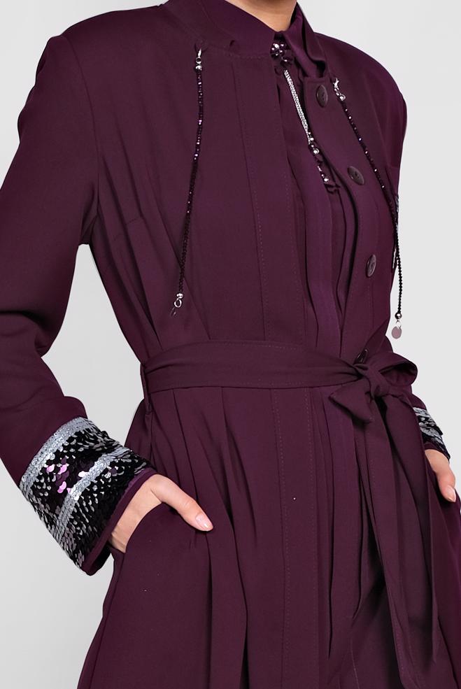 Hijab clothing CLARET RED Sequin Detailed Belted Waist Abaya 8328 - ALVİNA