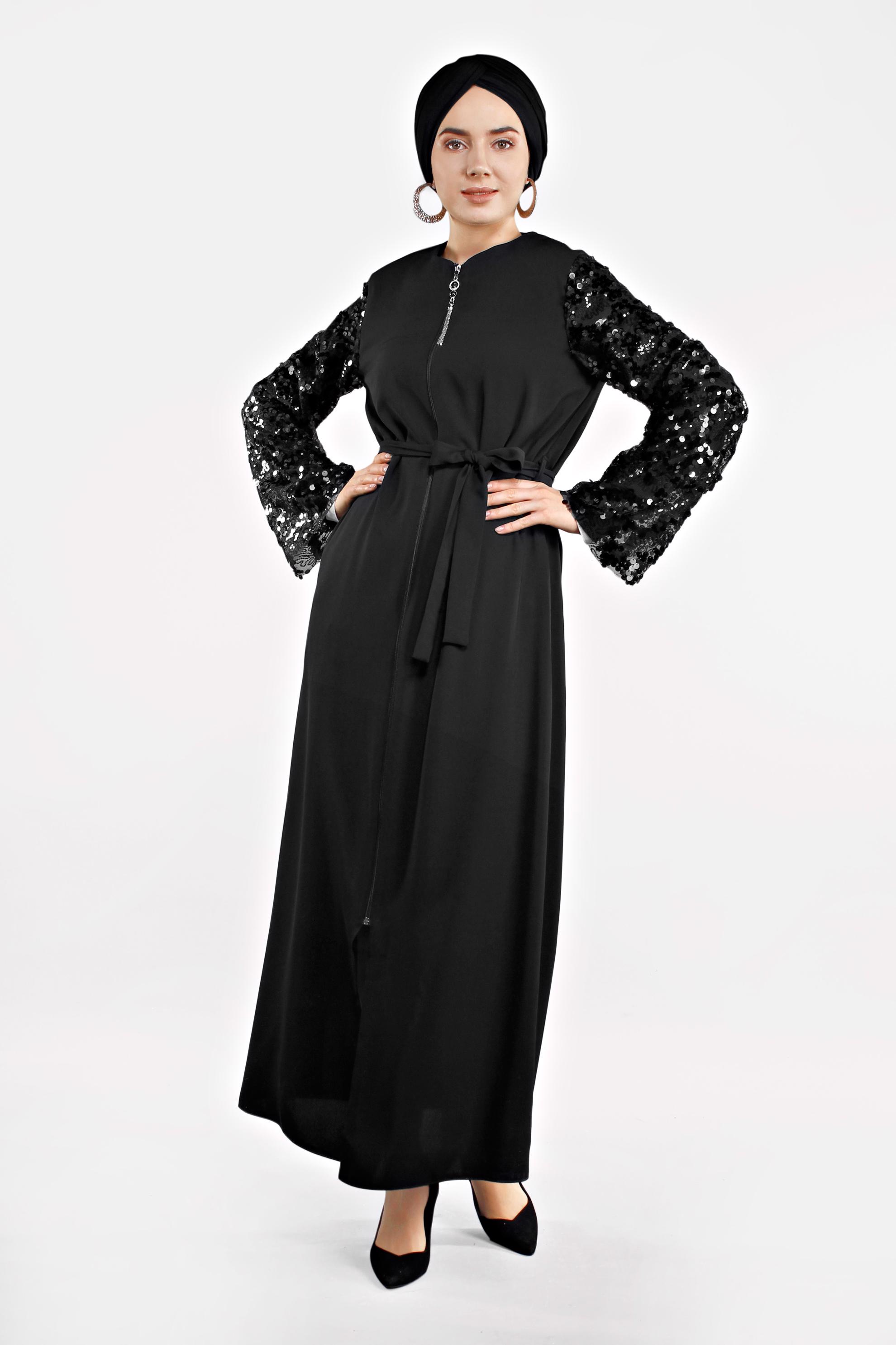 Tesettür giyim SİYAH KOLLARI PUL PAYETLİ ÖNDEN FERMUARLI FERACE 8329 