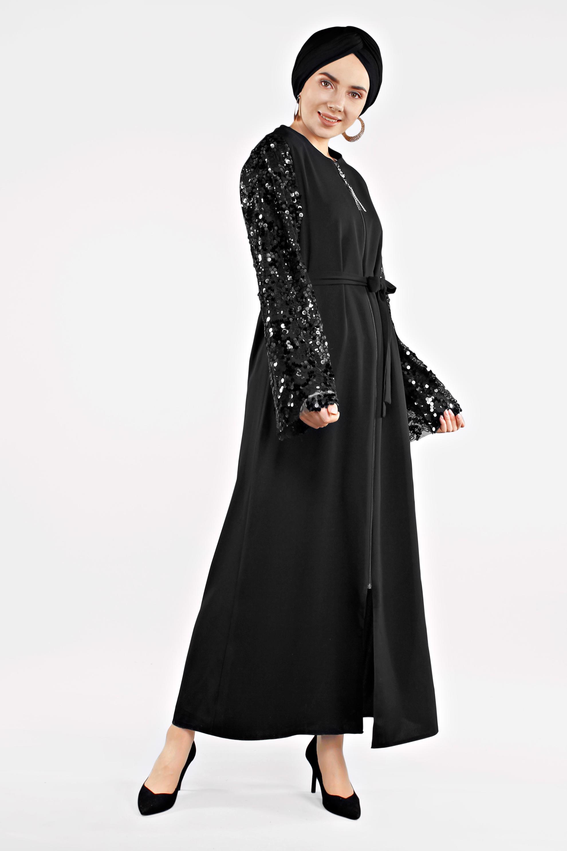 Tesettür giyim SİYAH KOLLARI PUL PAYETLİ ÖNDEN FERMUARLI FERACE 8329 