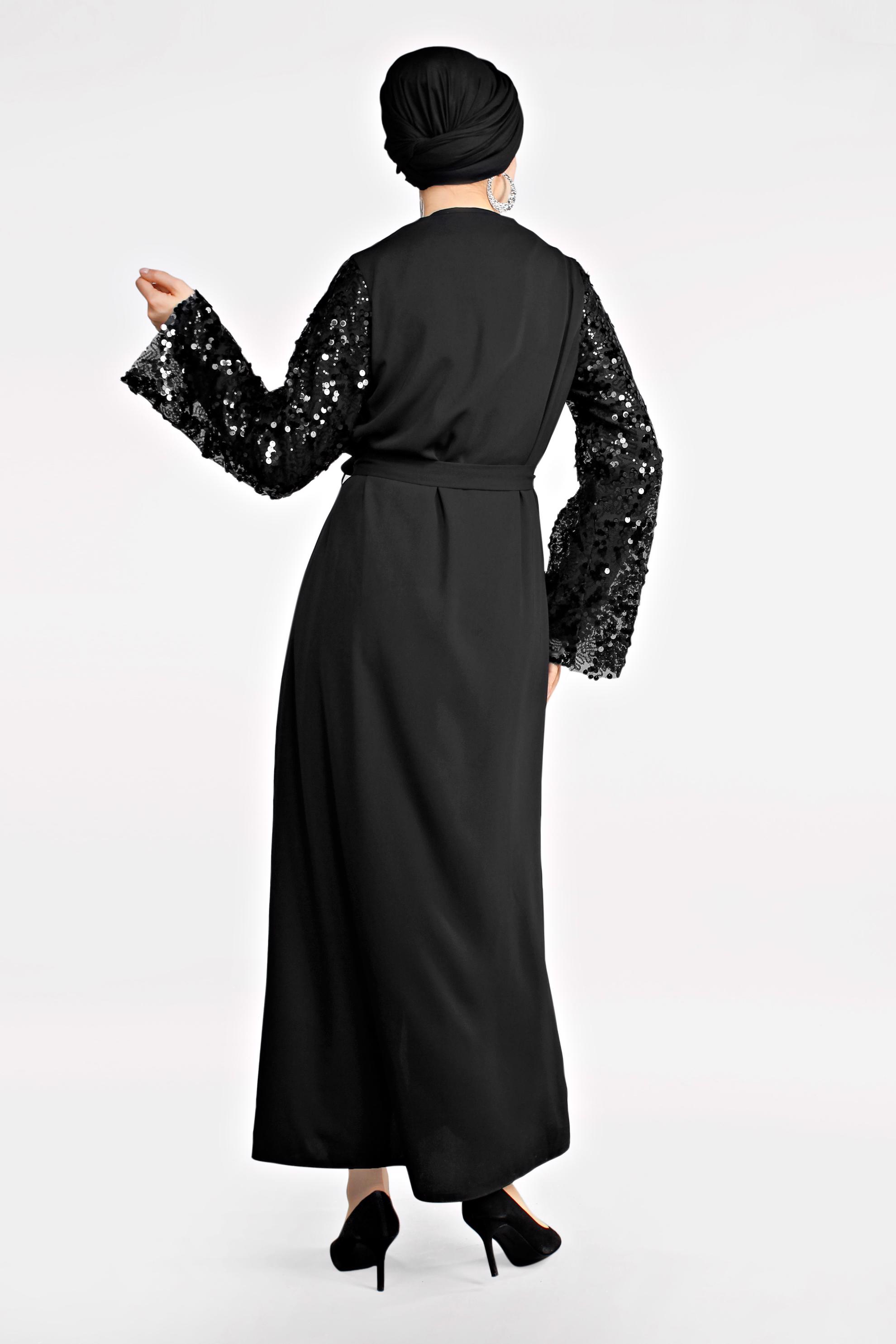 Tesettür giyim SİYAH KOLLARI PUL PAYETLİ ÖNDEN FERMUARLI FERACE 8329 