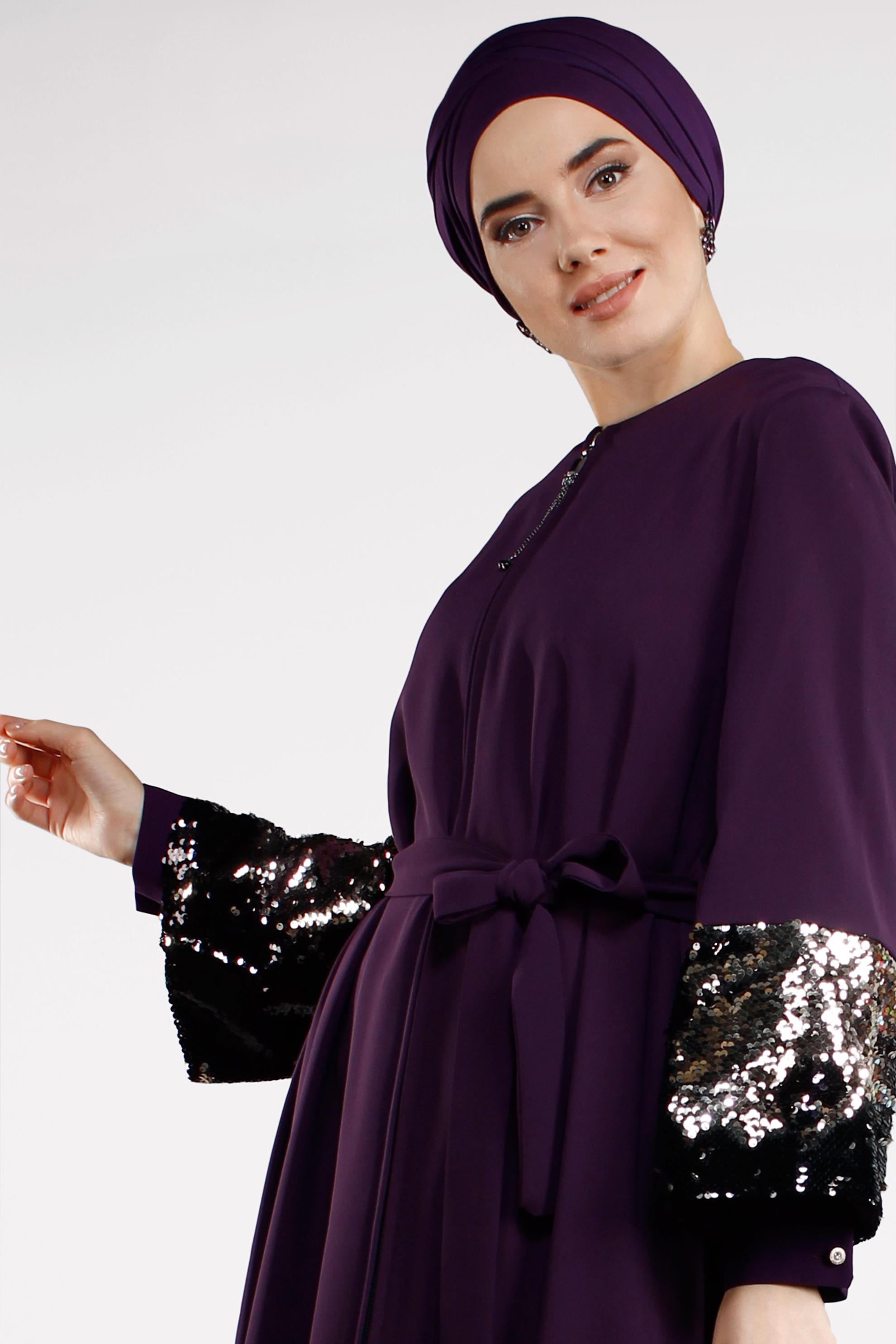 Hijab clothing PURPLE Wide Sleeve Sequin Detail Zipper Abaya 8330 