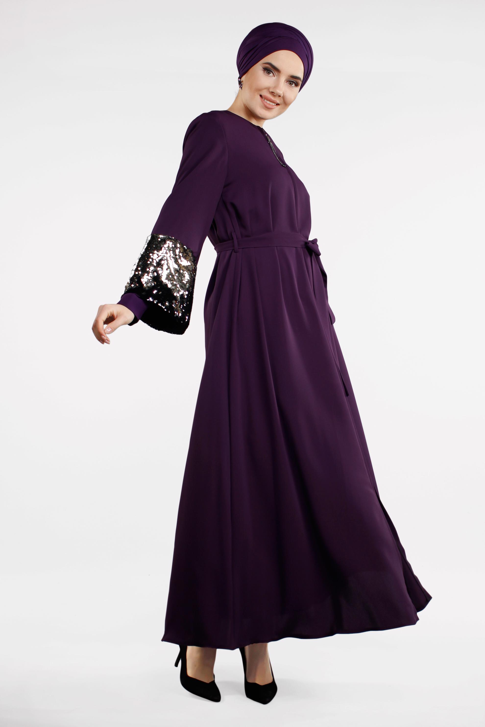Hijab clothing PURPLE Wide Sleeve Sequin Detail Zipper Abaya 8330 