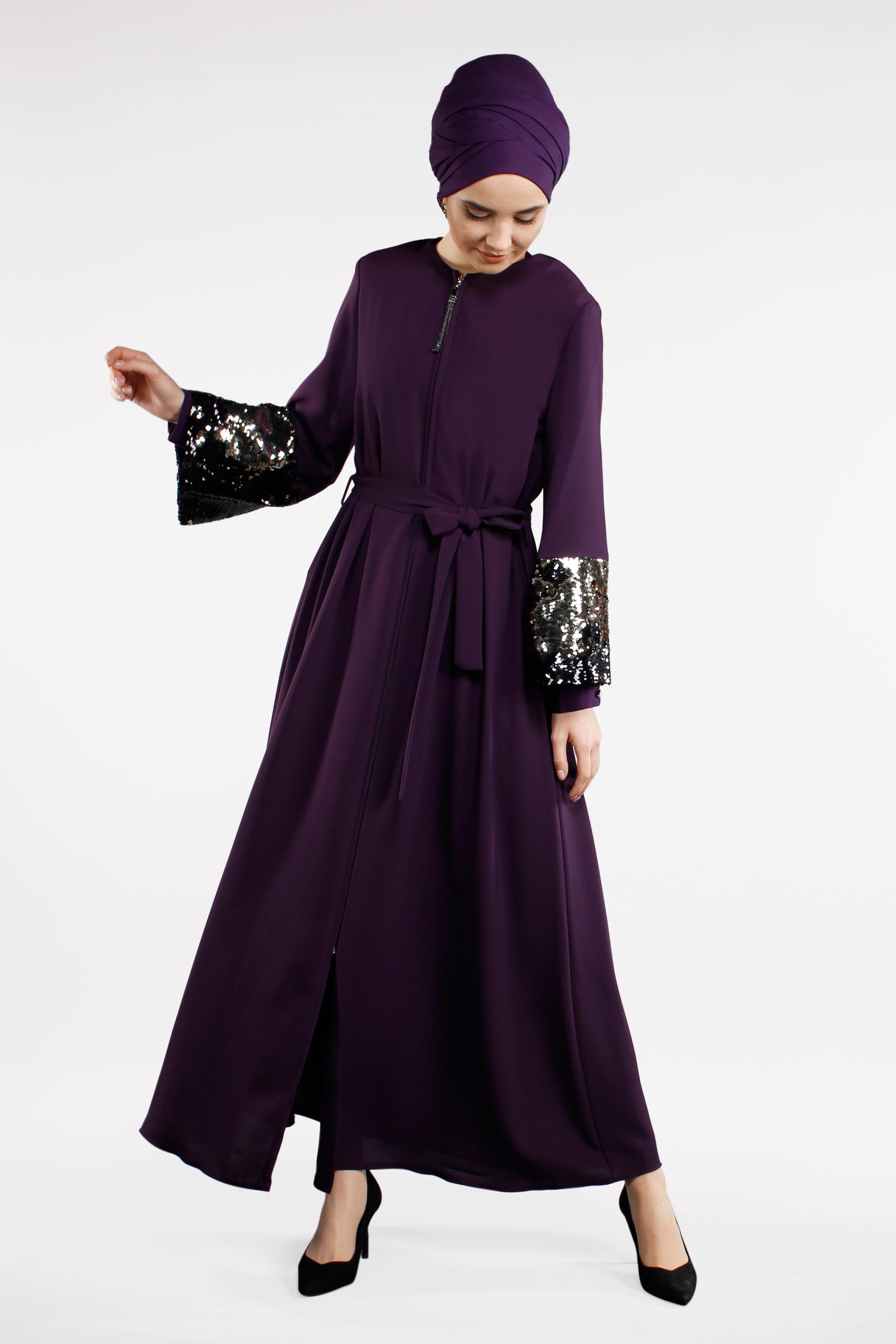 Hijab clothing PURPLE Wide Sleeve Sequin Detail Zipper Abaya 8330 