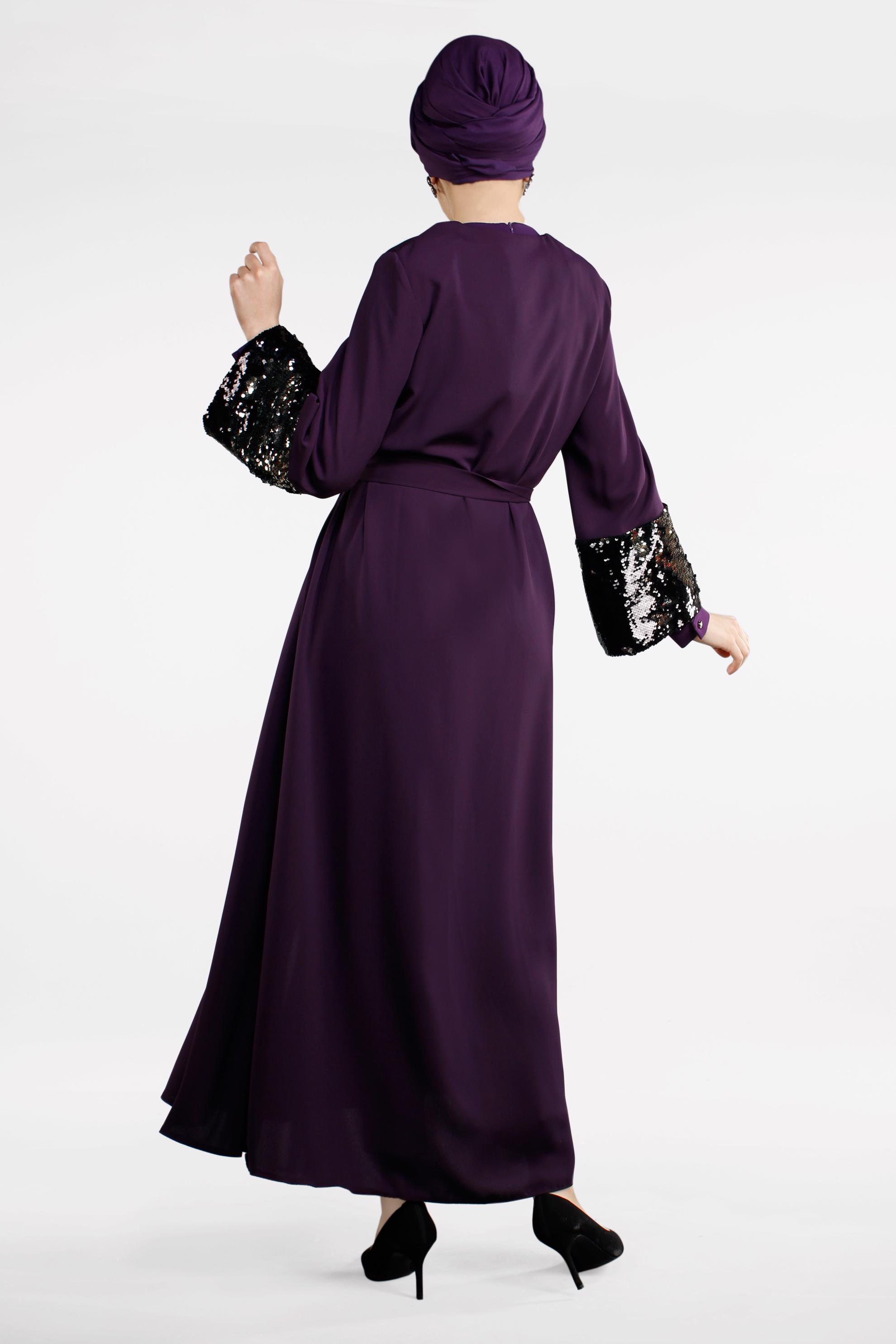 Hijab clothing PURPLE Wide Sleeve Sequin Detail Zipper Abaya 8330 
