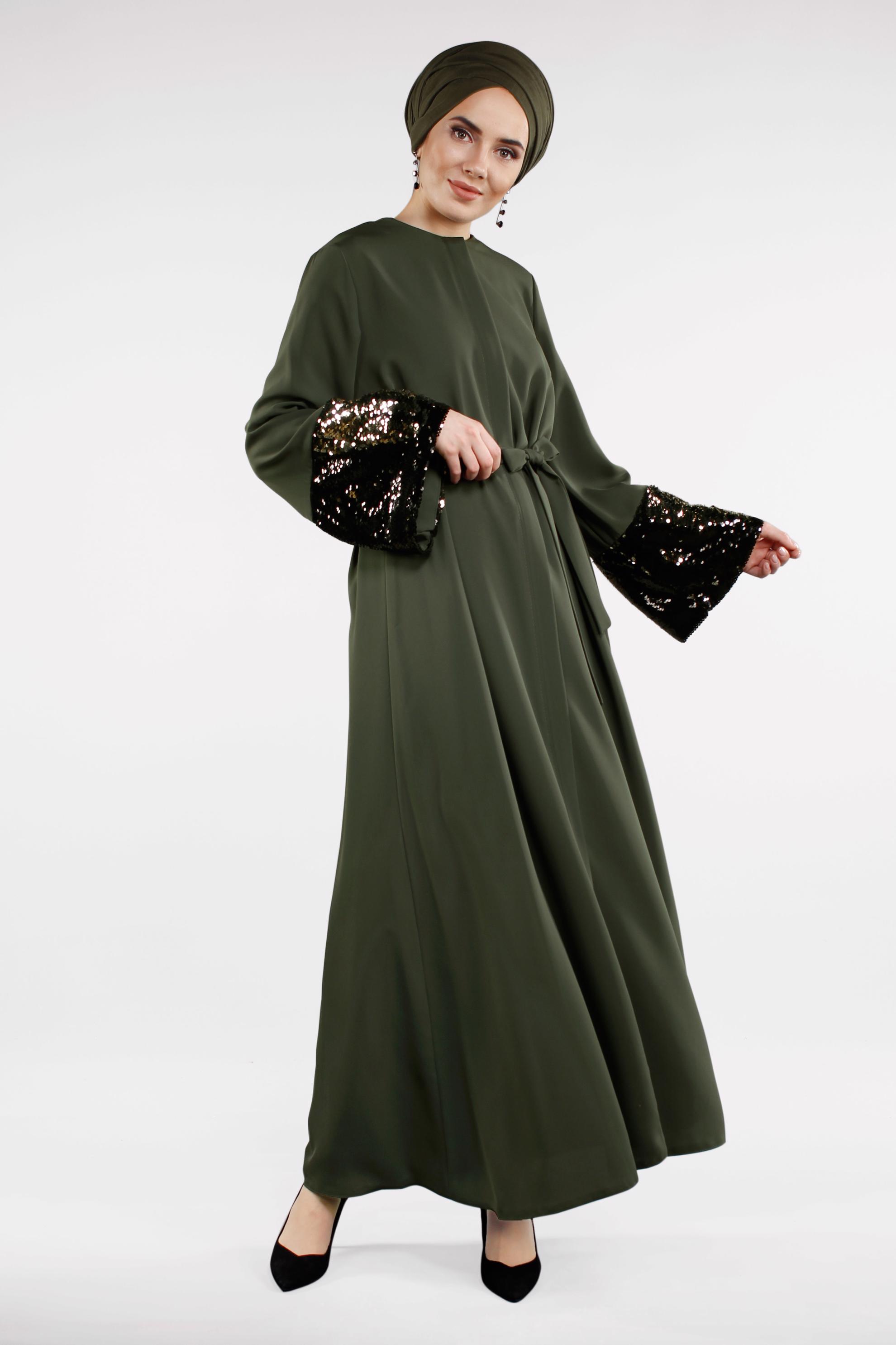 Hijab clothing KHAKI Wide Sleeve Sequin Detail Zipper Abaya 8330 
