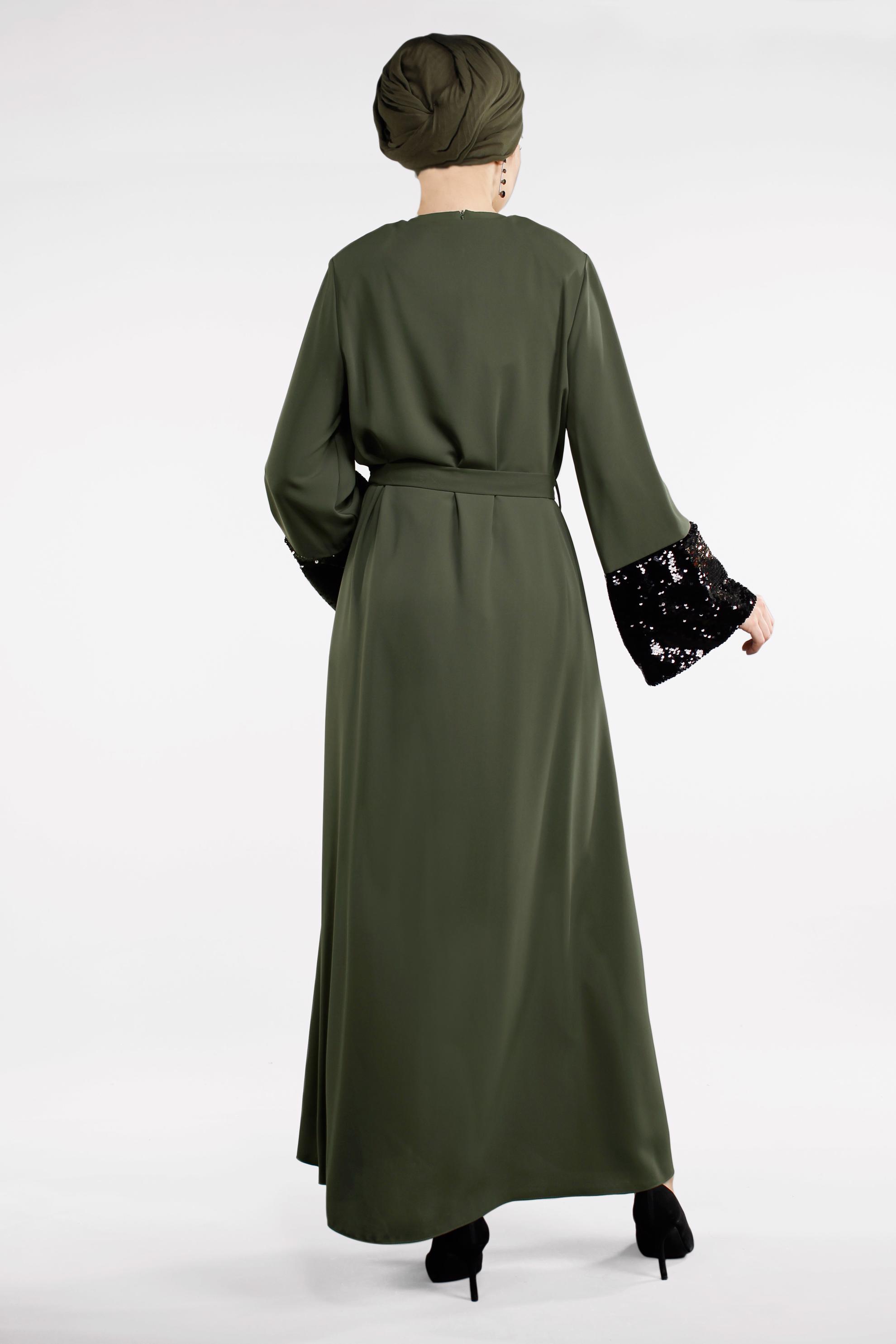 Hijab clothing KHAKI Wide Sleeve Sequin Detail Zipper Abaya 8330 