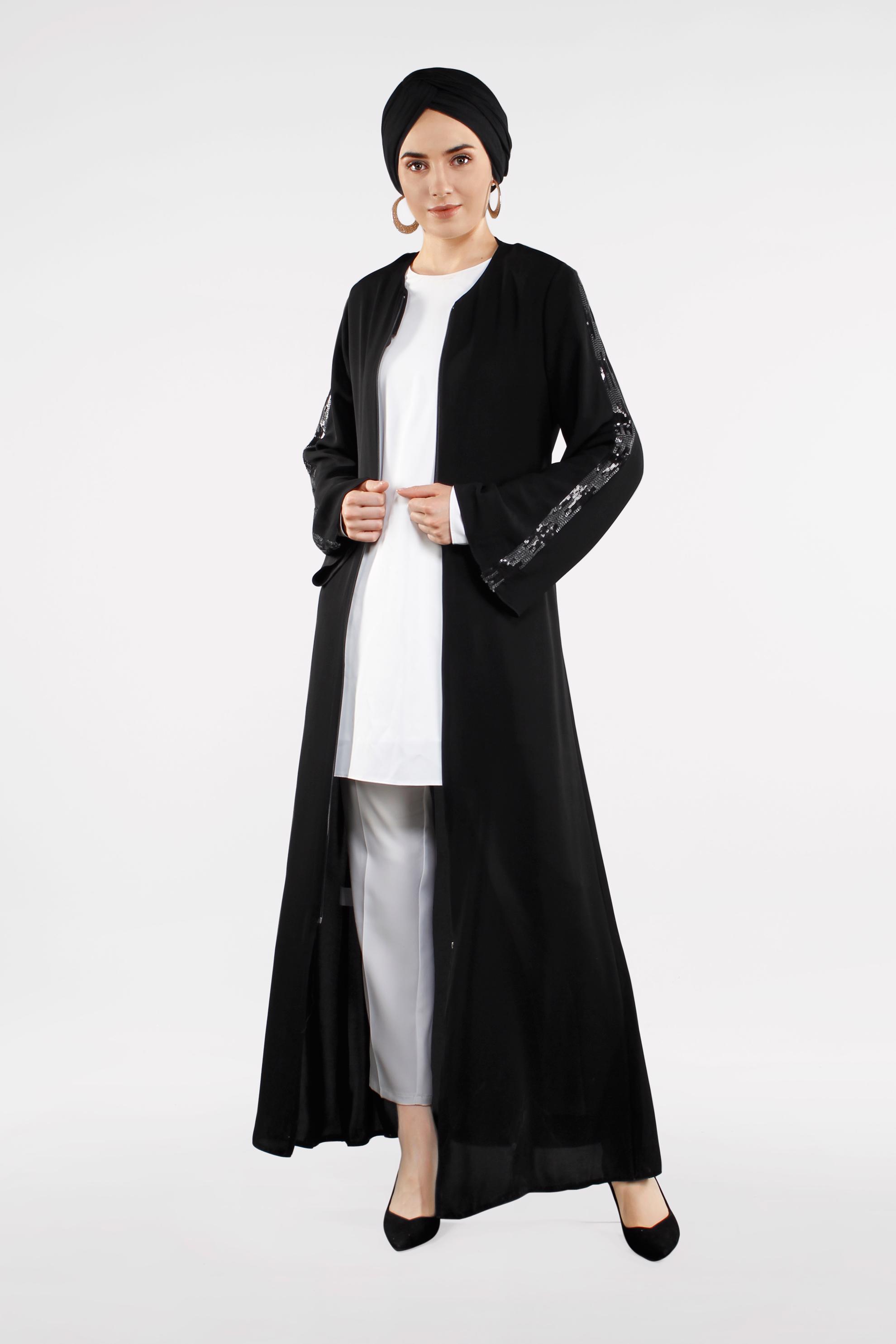 Hijab clothing BLACK Sequin Detailed Zippered Abaya 8332