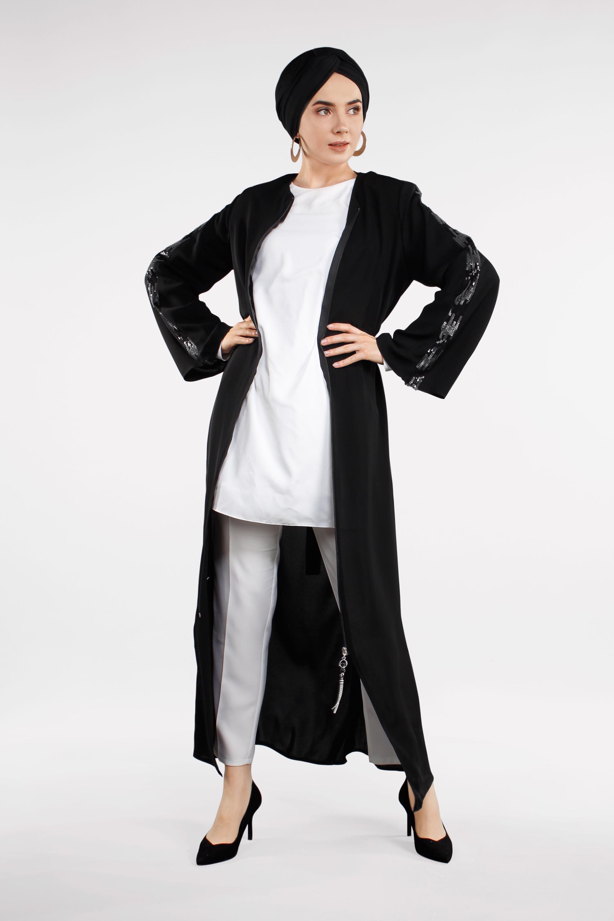 Hijab clothing BLACK Sequin Detailed Zippered Abaya 8332