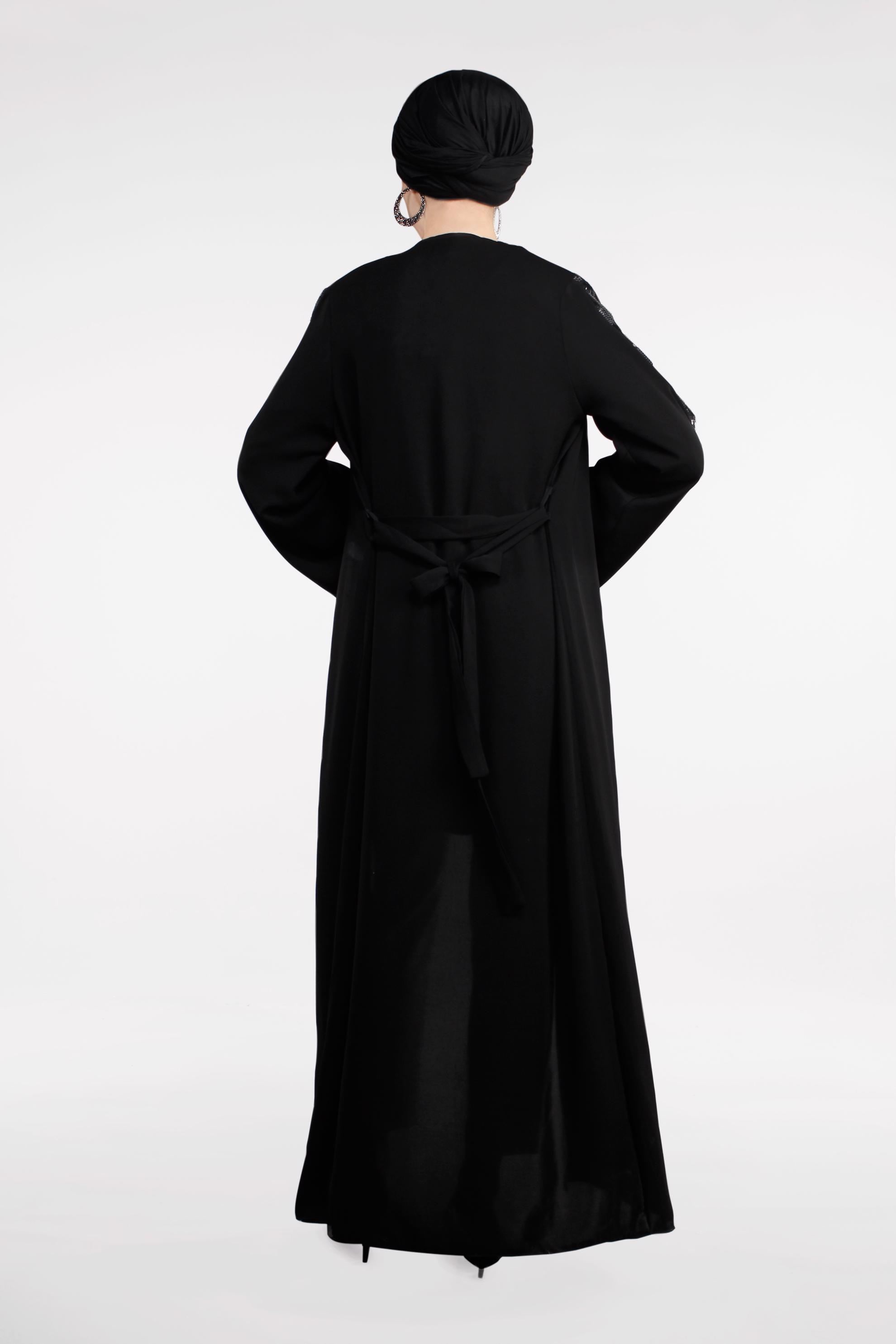 Hijab clothing BLACK Sequin Detailed Zippered Abaya 8332