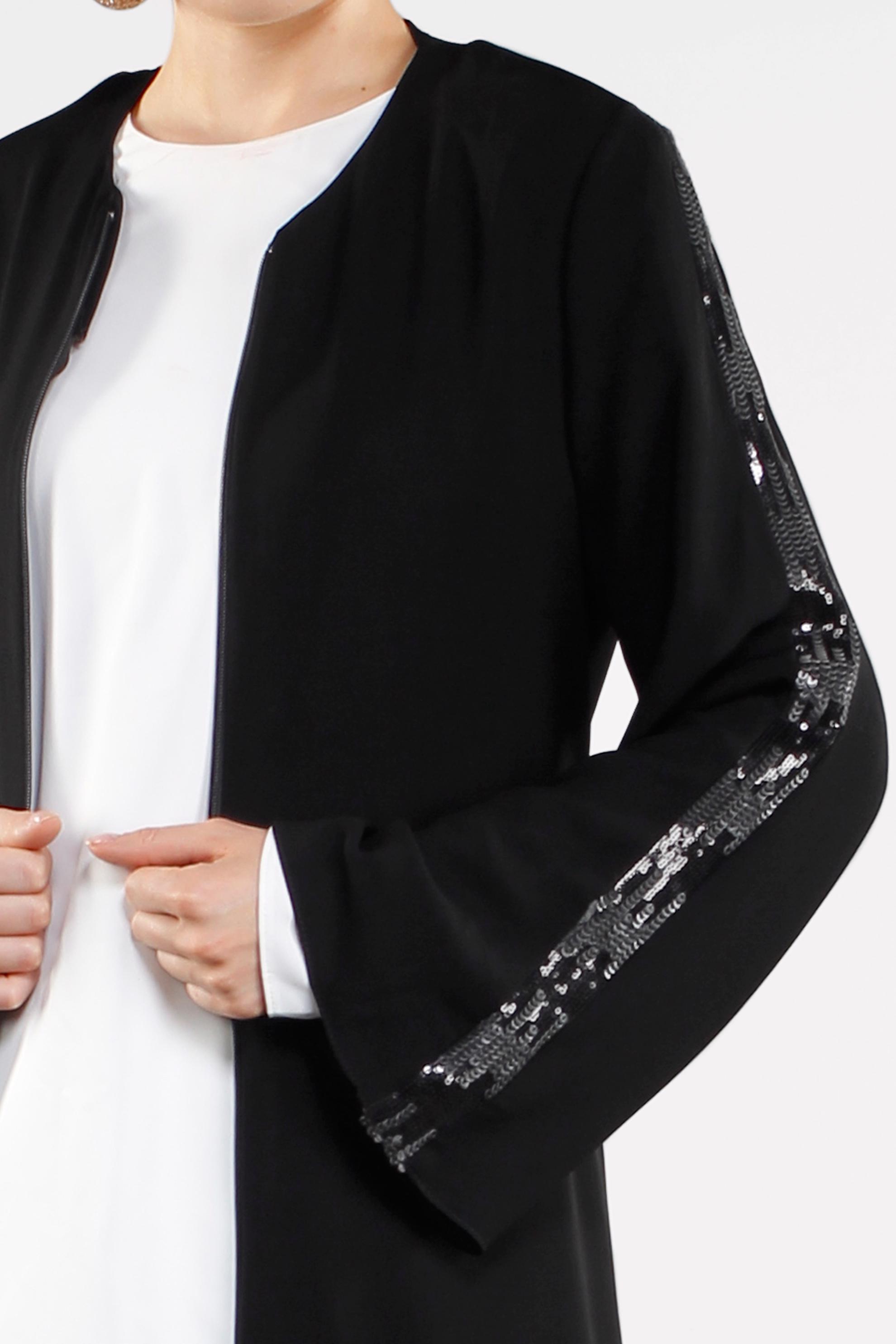 Hijab clothing BLACK Sequin Detailed Zippered Abaya 8332