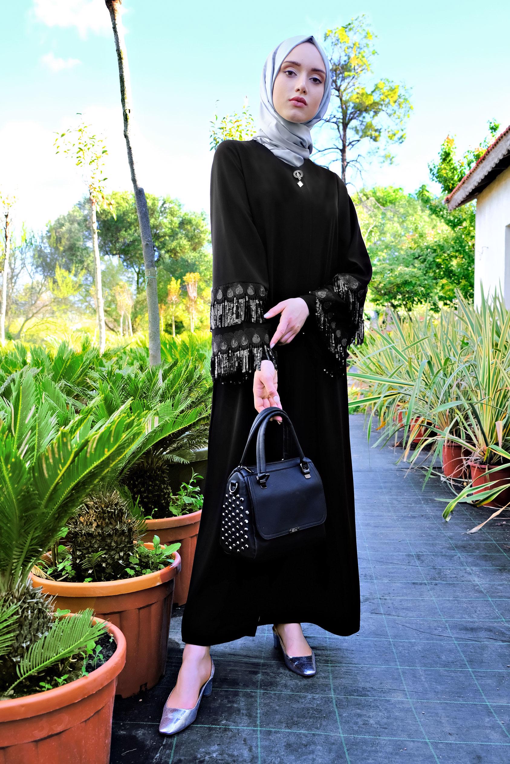 Hijab clothing BLACK Sequin Tasseled Abaya 8333 